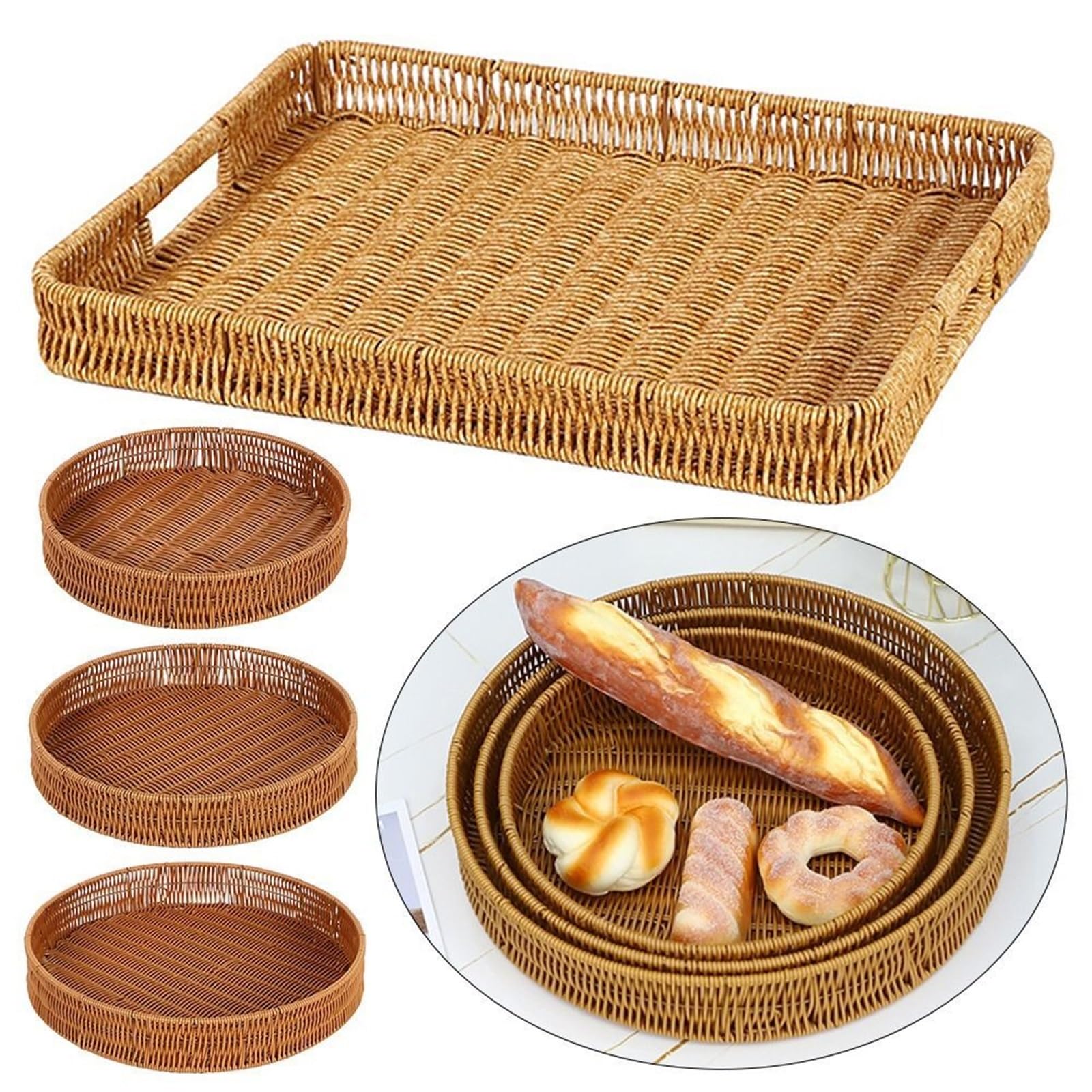 Food Plate Handwoven Rattan Storage Tray Round Shape Fruit Vegetable Cake Wicker Basket pour l'organisation de la Maison(7 * 39.5cm)
