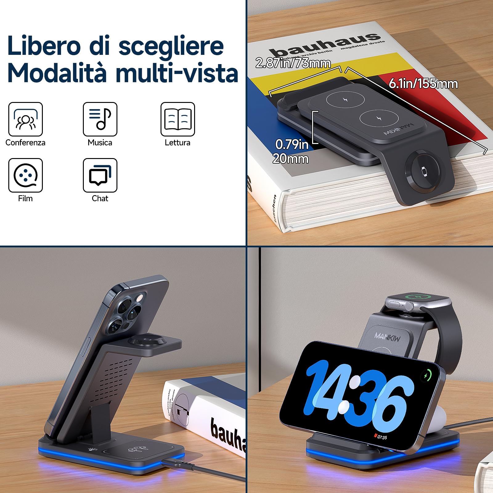 3 in 1 Stazione Ricarica per iPhone 16/15/14/13/12/XS/X/8 serie,MANKIW Caricabatterie Wireless per i-Watch 1-0/9/8/Ultra/7/6/SE/5/4/3/2, per Air Pods 3/4/Pro 2