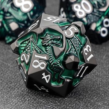 Relief Dragon Dice Set for DND Role Playing Game, 7Pcs Metal Dice Set Dungeon Dragon with Gift Box, Polyhedral D and D Dice D20 D12 D10 D8 D6 D4, Green and White