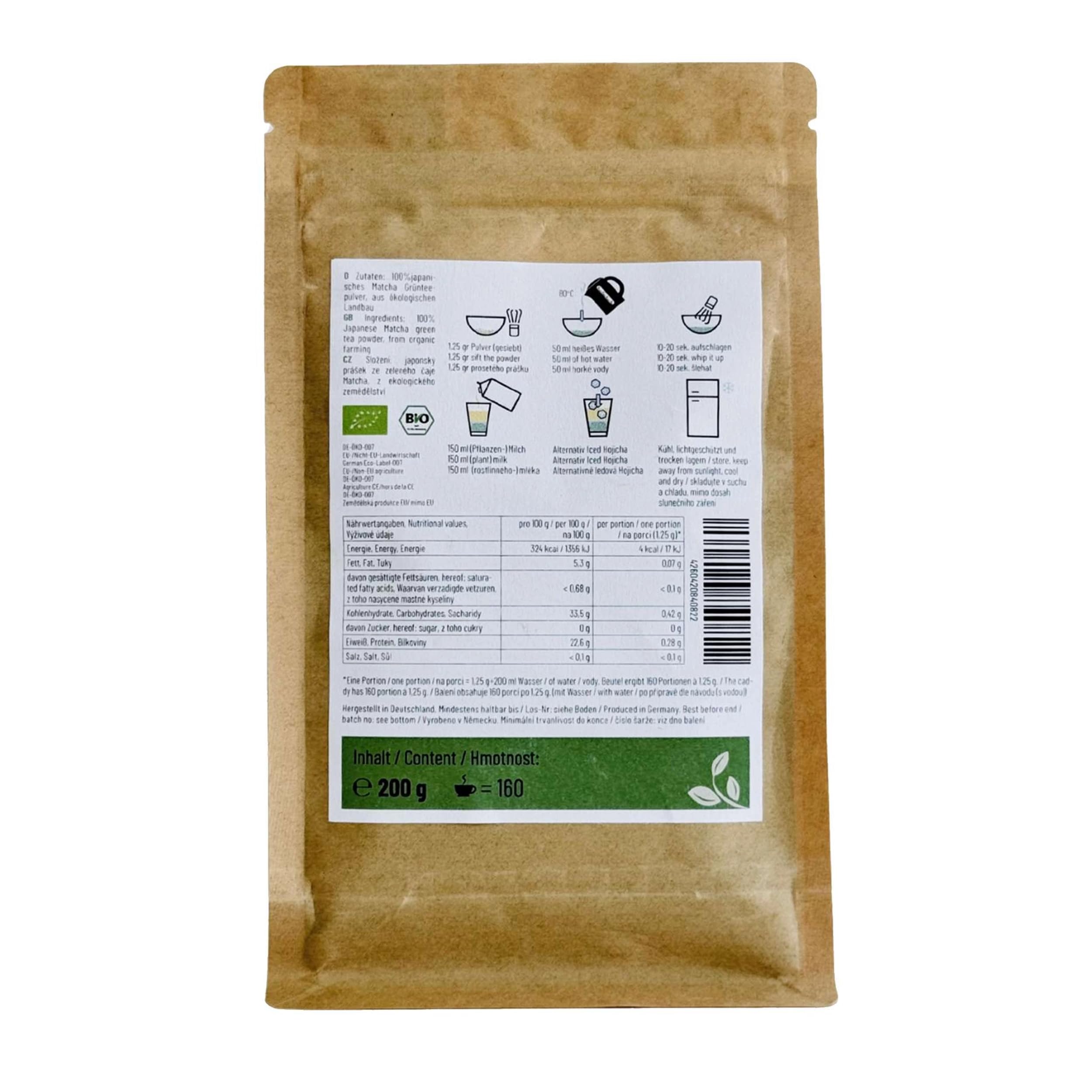 Simply Chai Bio & Vegan 100% Matcha Barista Edition Pulver, 200g Beutel – Purer grüner Tee aus Japan, ungesuesst & intensiv
