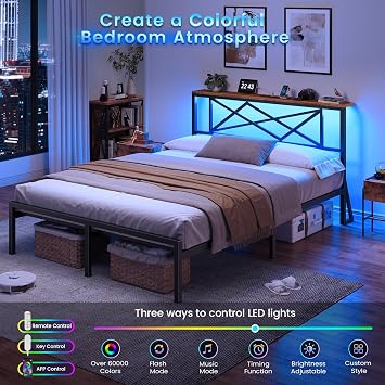 DICTAC King Size Bed Frame with Charging Station, 150x200cm Metal King Size Bed Underbed Storage &RGB LED Lights, Silent Sturdy King Bedframe, No Box Spring Needed, Easy Assembly