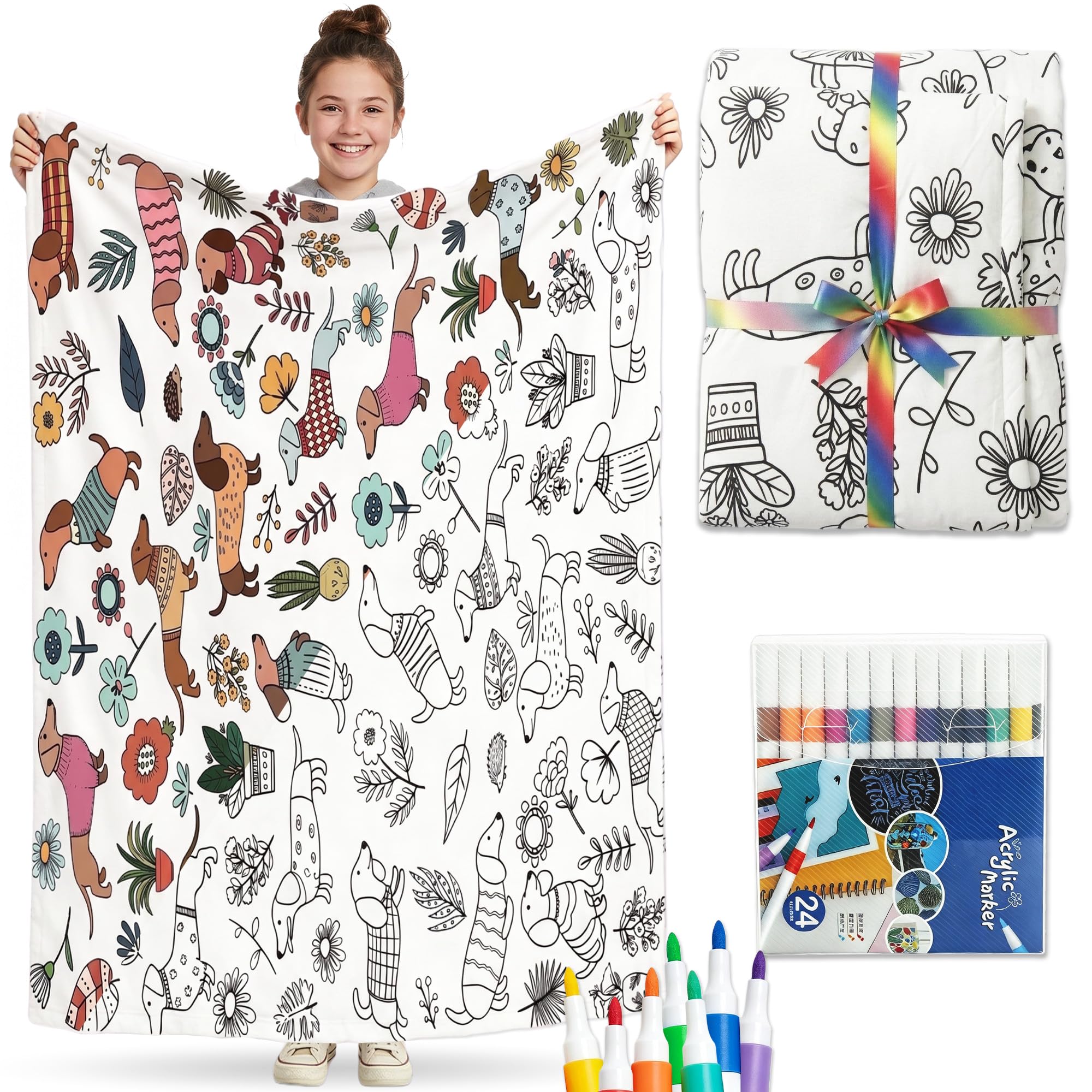 ZenDecor Kit Couverture DIY à Colorier Motif Teckel, Créez une Couverture Personnalisée, Idée Cadeau Attentionnée