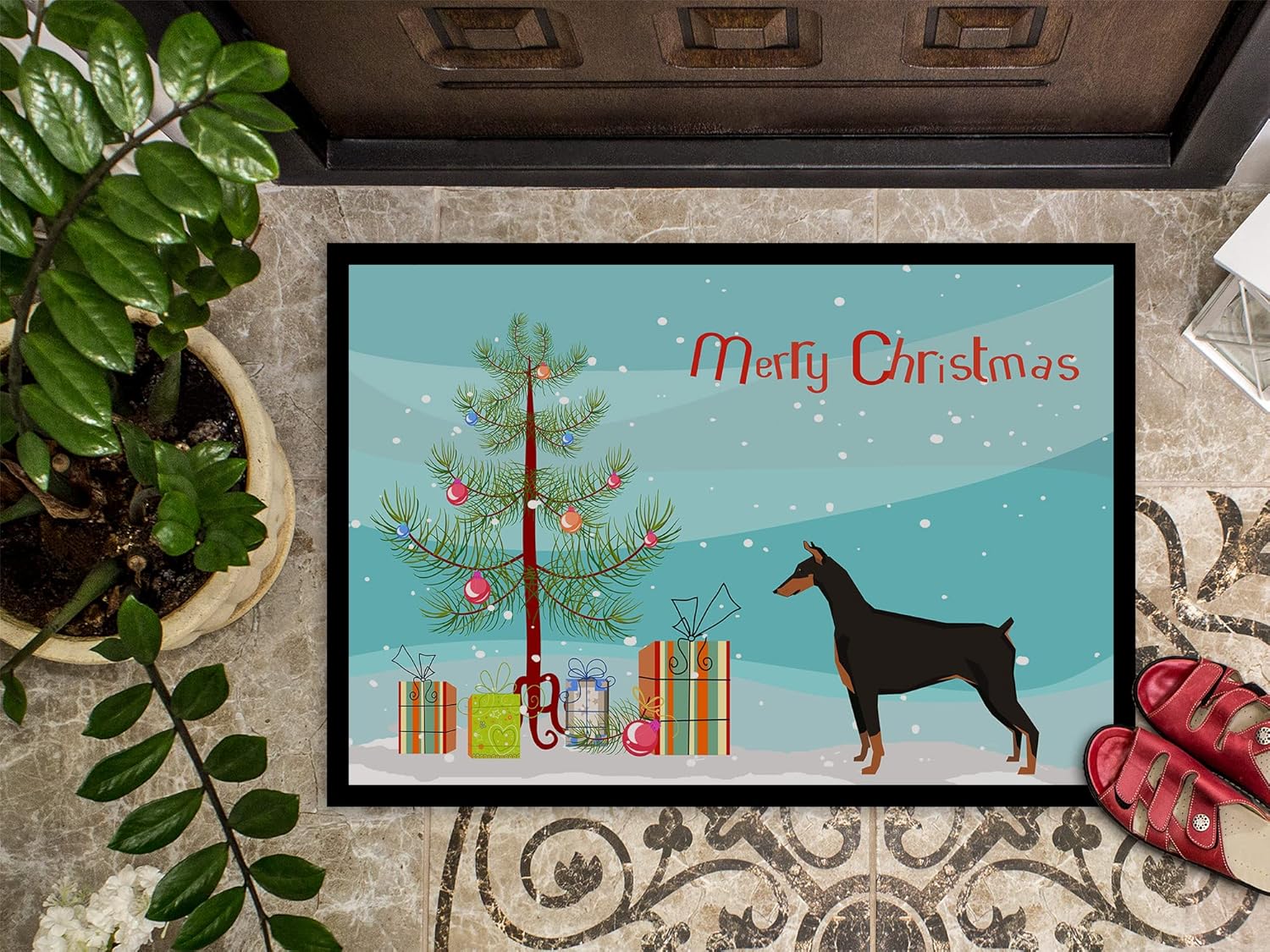 Caroline's Treasures CK3535MAT Doberman Pinscher Christmas Tree Doormat 18x27 Front Door Mat Indoor Outdoor Rugs for Entryway, Non Slip Washable Low Pile, 18H X 27W