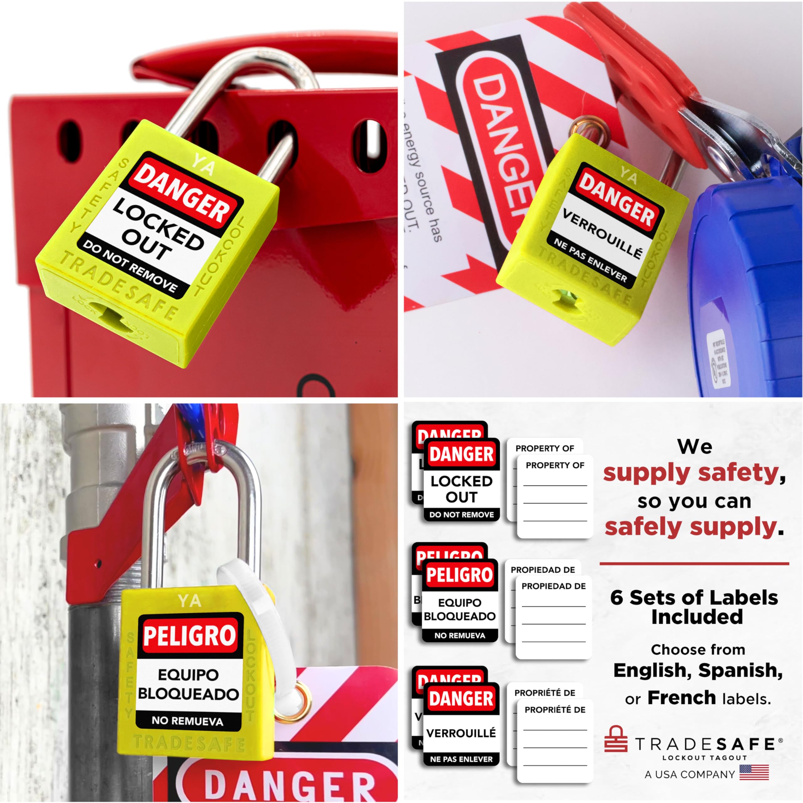 Juegos de Candados de Bloqueo y Etiqueta de TRADESAFE, 10 Candados de Seguridad Amarillos con Llaves Iguales para Agrupación Ilimitada, 2 Llaves por Candado, Candados Loto Compatibles con OSHA, para