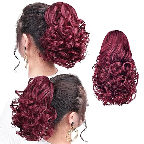 SYXLCYGG - Cola de caballo color burdeos, extensiones de cola de caballo negras onduladas de 10 pulgadas, 3.5 onzas, pelo sintético como cabello