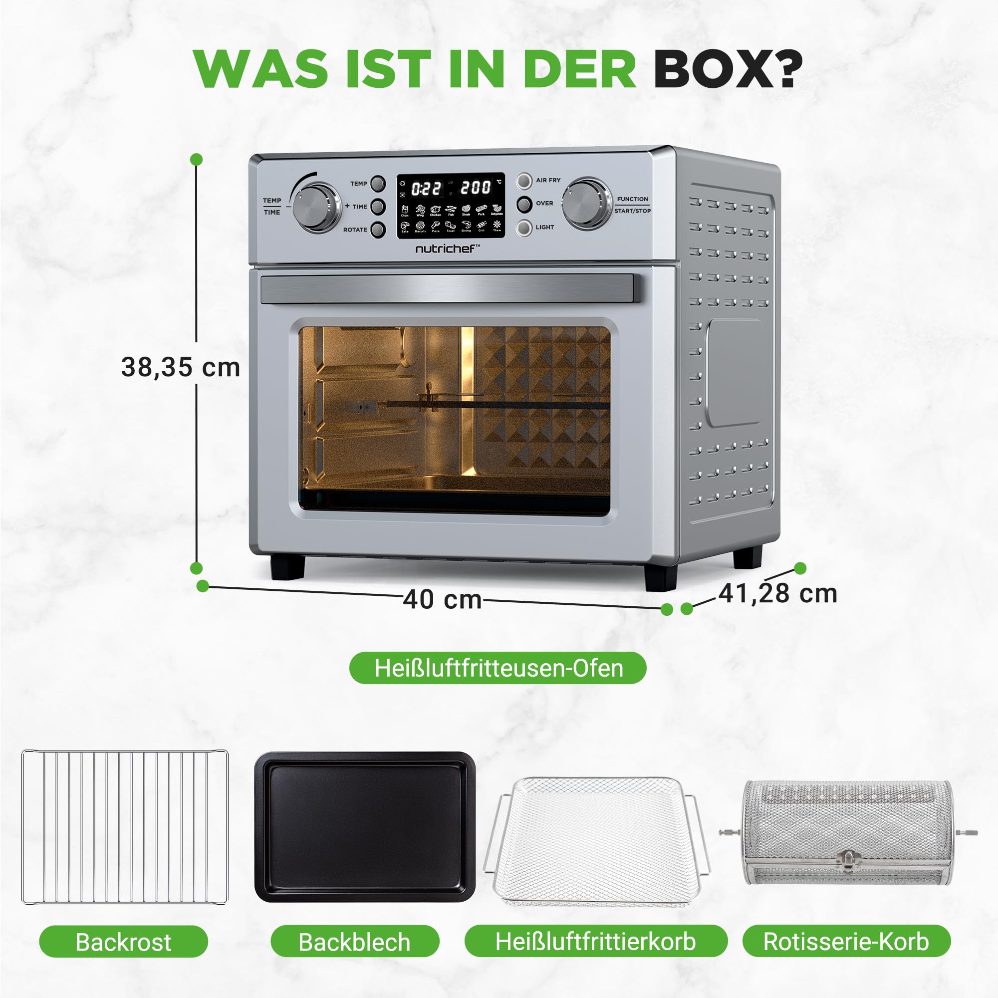 NutriChef Heißluftfritteuse 26L – Multifunktionaler Airfryer Ofen mit Rotisserie & Dampfgarer | 10-in-1 Mini-Backofen mit Dörrfunktion, Zubehör, Edelstahlgehäuse & Antihaftteilen für gesundes Kochen