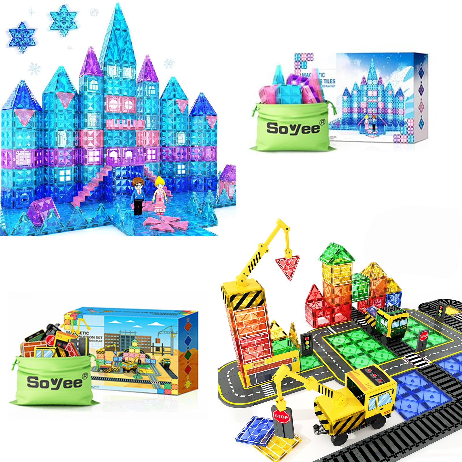 Frozen Toys for Girls Magnetic Tiles Construction Set with 2 Cranes Boys Toys for Ages 3-5 5-7 8-10 Building Toys Includes Crane, Road Tracks, Train, Train Tracks, Dolls