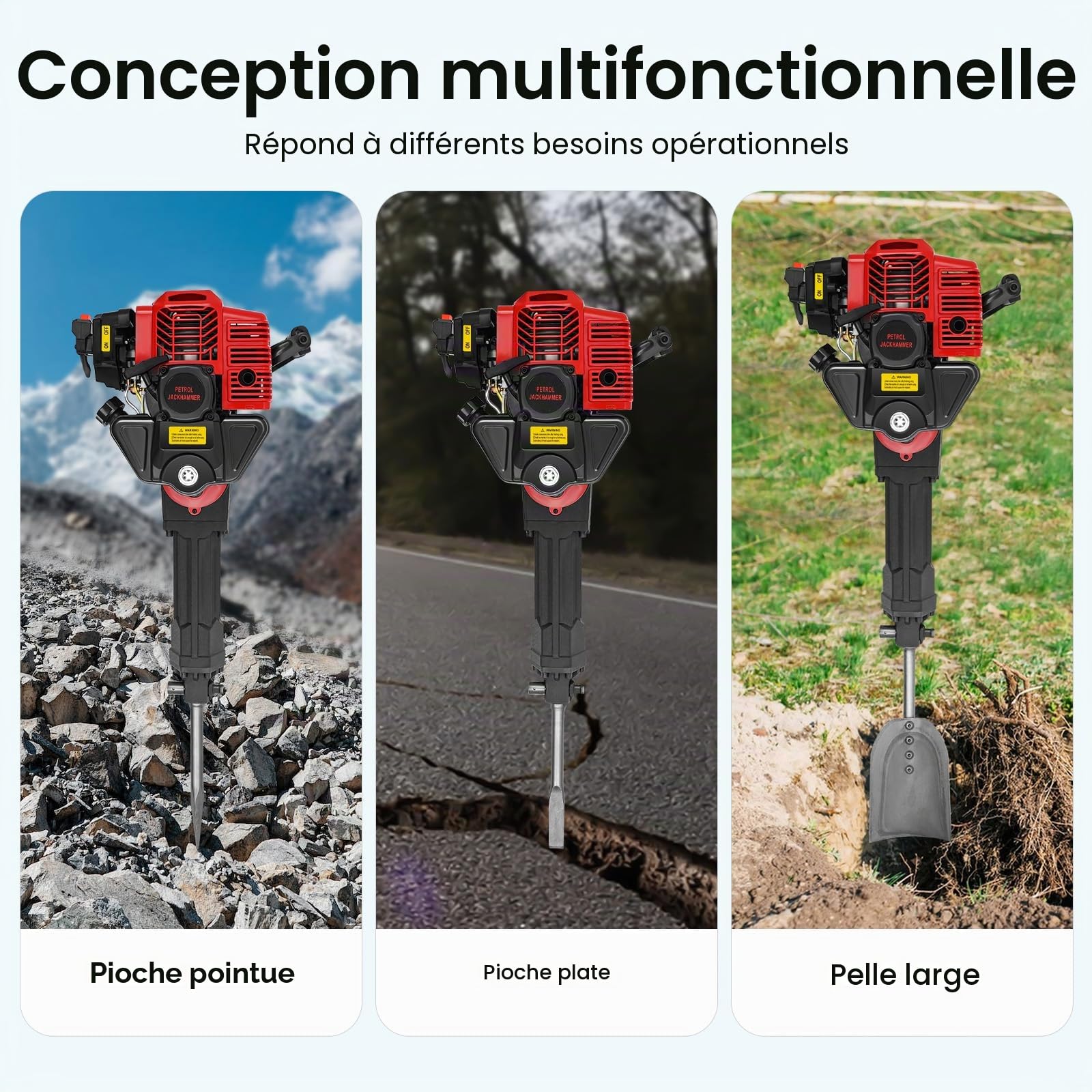 52CC Motoculteur à essence avec un moteur 2 temps, Machine de creusage d'arbre portable, Motoculteur manuel de jardin, Motoculteur d'arbre de jardin avec large pelle, pioche pointue et pioche