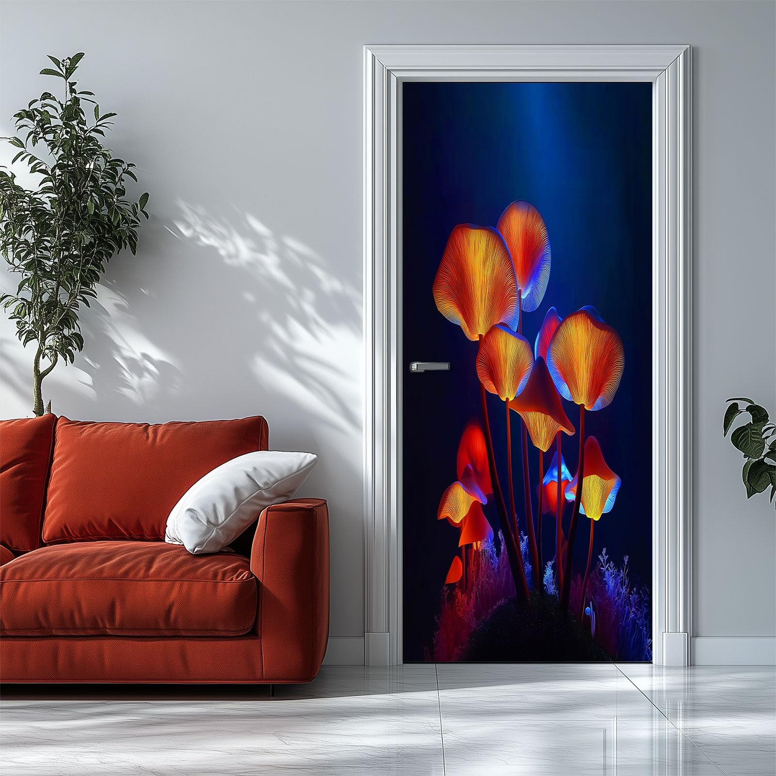 3D Dark Fantasy Naklejka na drzwi wewnętrzne, wodoodporna samoprzylepna dekoracja ścienna PCW, neonowe grzyby, plakat naklejki do sypialni, salonu, 95 x 215 cm (szer. x wys.)