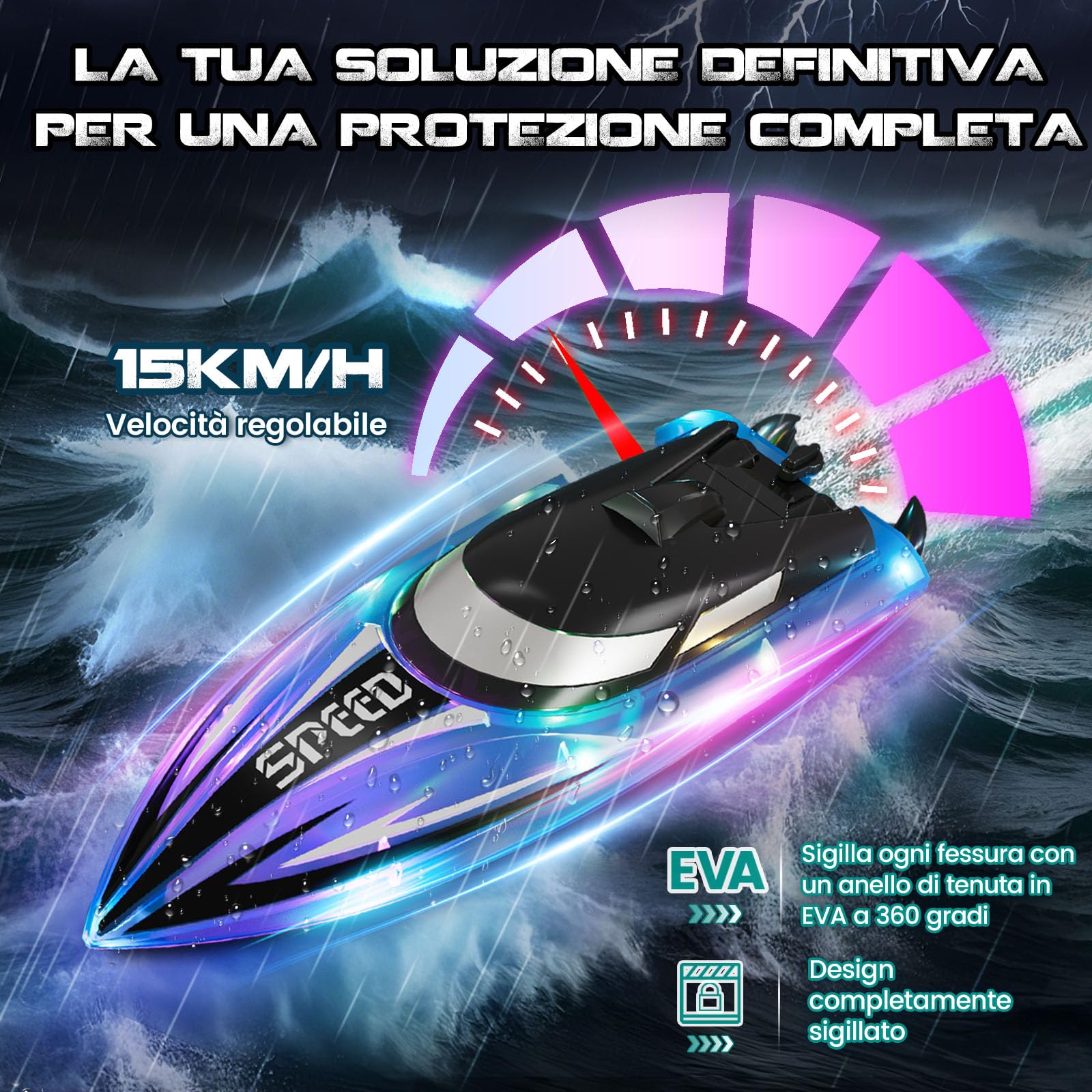 JONRRYIN Barca Telecomandata per Bambini, 2 Pezzi Impermeabile Barca Radiocomandata con Luce LED, 2,4 GHz Barca RC per Piscine e Laghi per Adulti e Bambini (Rosso+Blu)