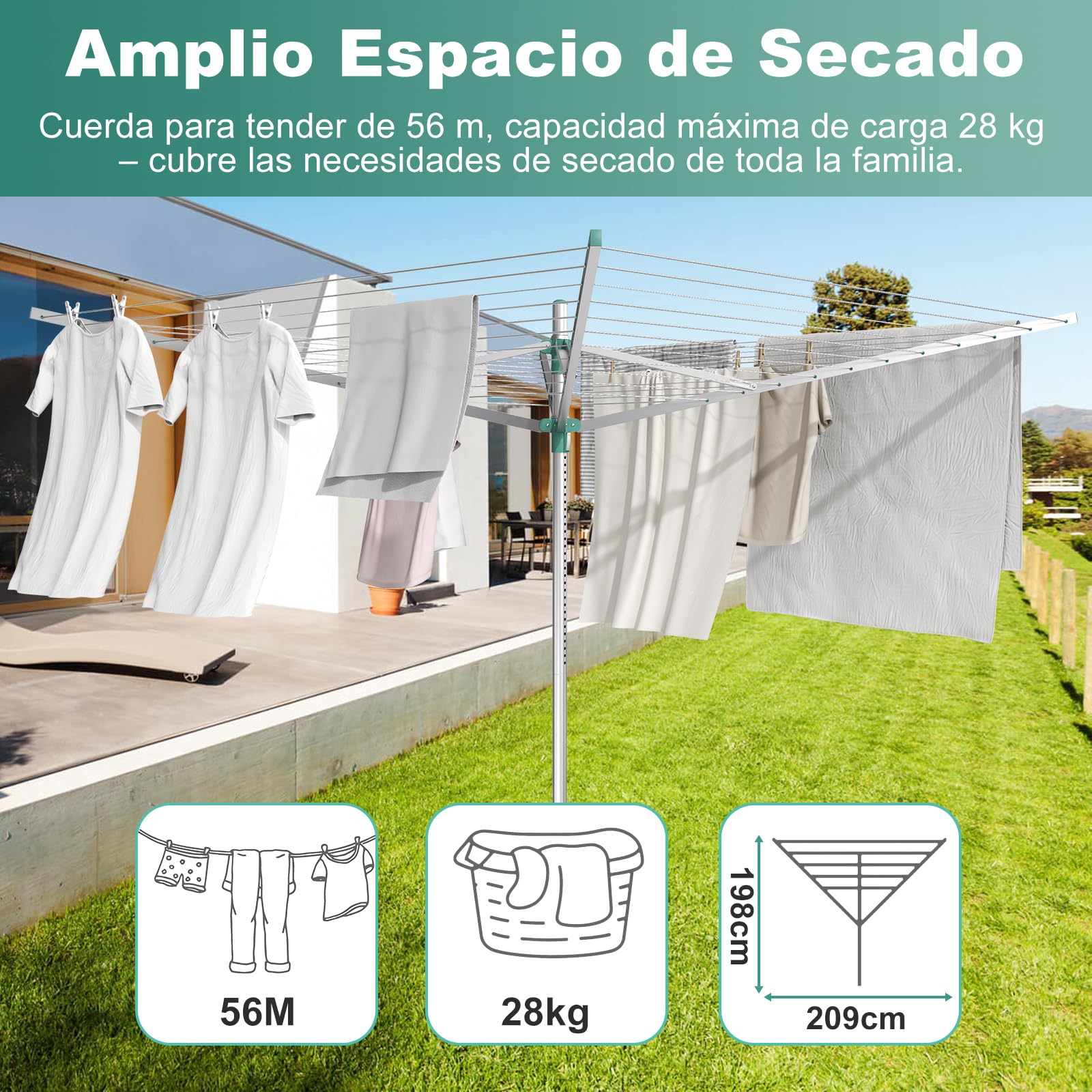 Innotic Tendedero para Exteriores, 4 Brazos 56 m, Tendedero Rotary Lift-O-Matic, Acero Inoxidable, Impermeable, Regulable en Altura, Apto para jardín, Capacidad máxima de Carga: 28 kg