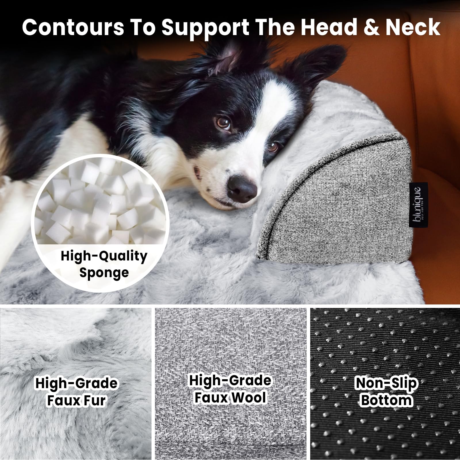 blunique Dog Sofa Bed, Faux Fur Cover, Pet Bolster Mat for Couch, Dogs Furniture Protector, Memory Foam Cushion, Tie Dye Grey L - Image 2