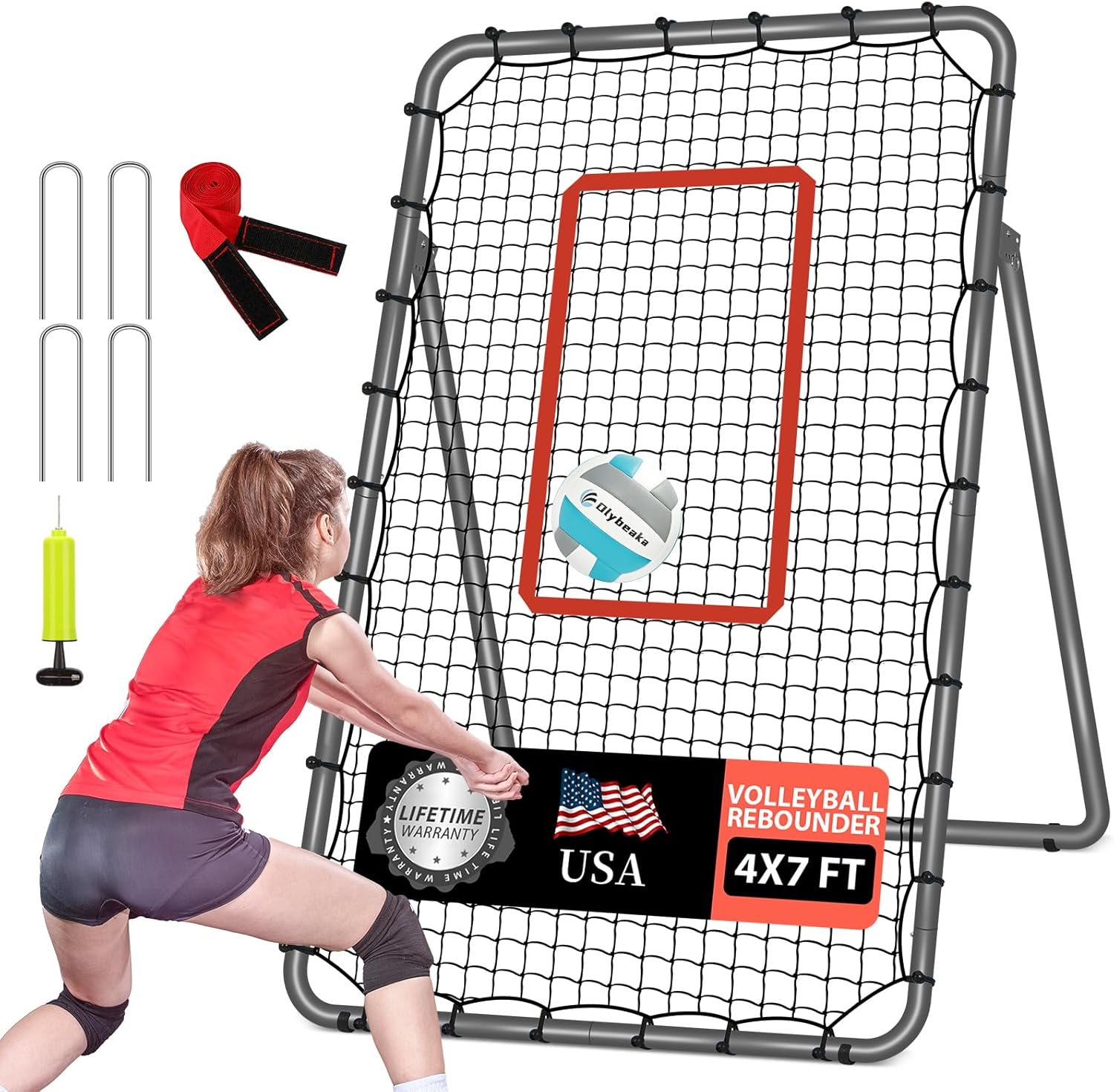 5-Angle Adjustable Volleyball Rebounder Net 7x4ft, Durable & Portable Bounce Back Training Equipment for Practicing Volleying Bumping Spiking with High-Tension Net, PU Volleyball, Pump, Stakes