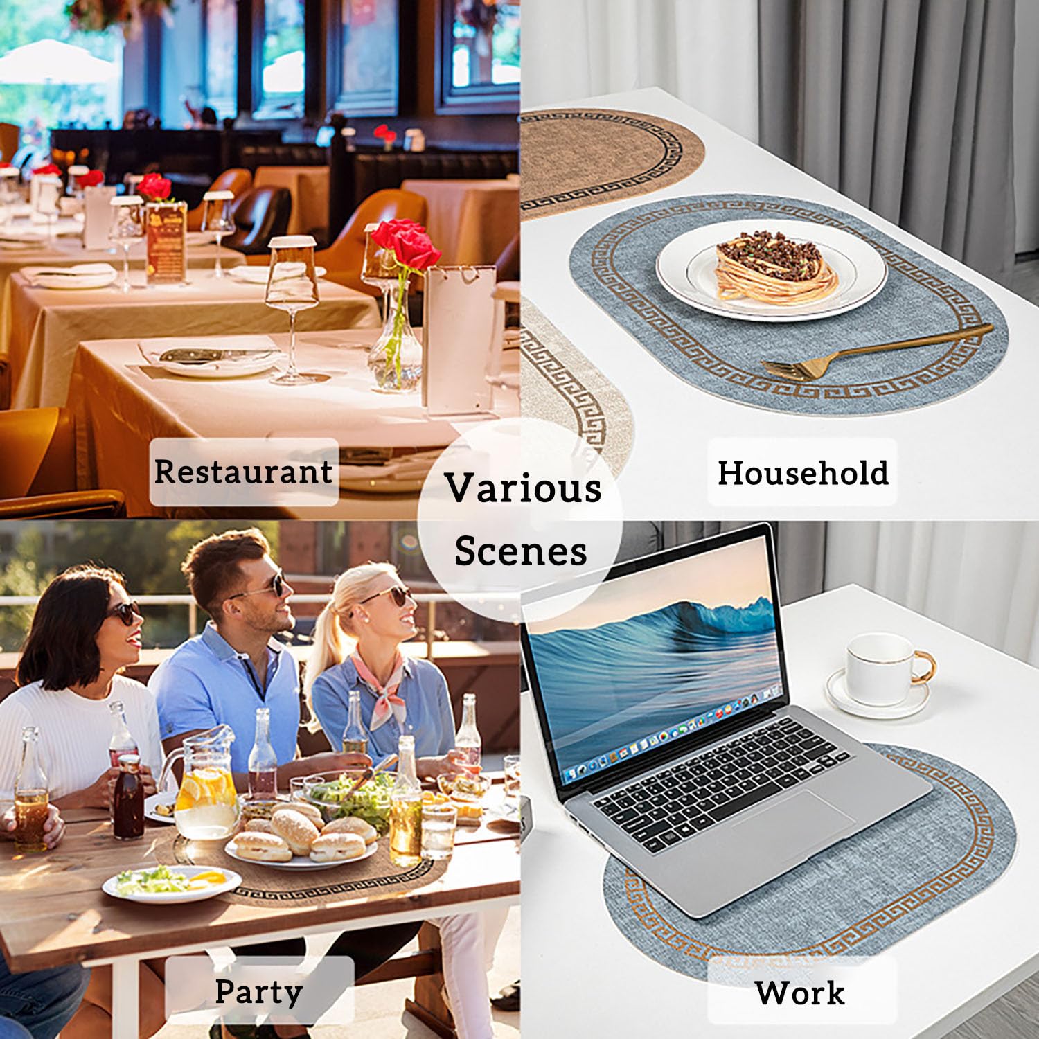 Juego de 6 manteles individuales de cuero y posavasos resistentes al calor, impermeables, a prueba de aceite, lavables para mesa de comedor, decoración de fiestas, cocina, restaurante (estampados)