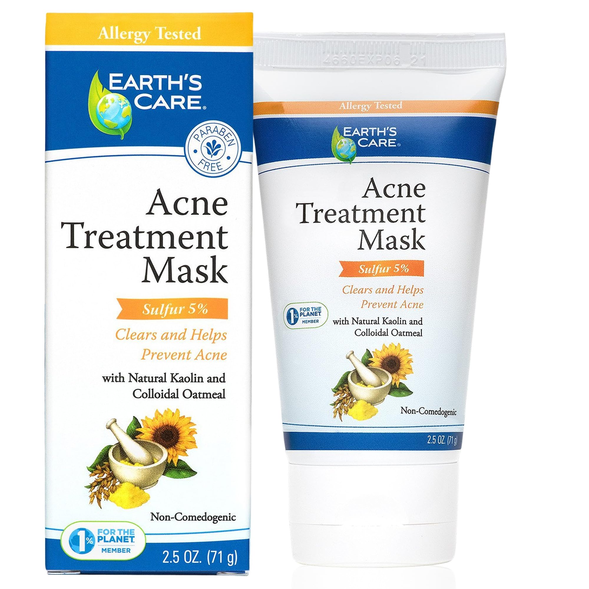 Earth's Care Acne Treatment Mask - 5% Sulfur Cystic Acne Treatment - Acne Medicine for Face Pimples and Blackheads (Tube 2.5 OZ)