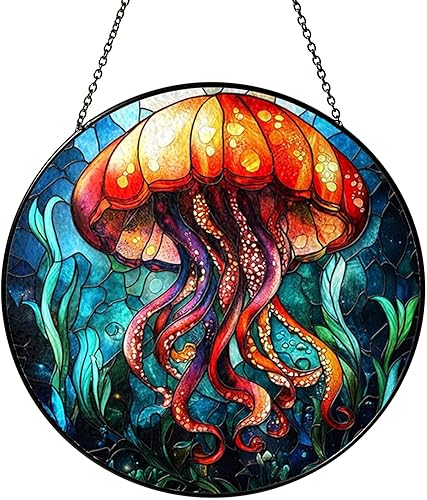 Real Glass Jellyfish Christmas Ornament, Stained Glass Style Sea Life Art