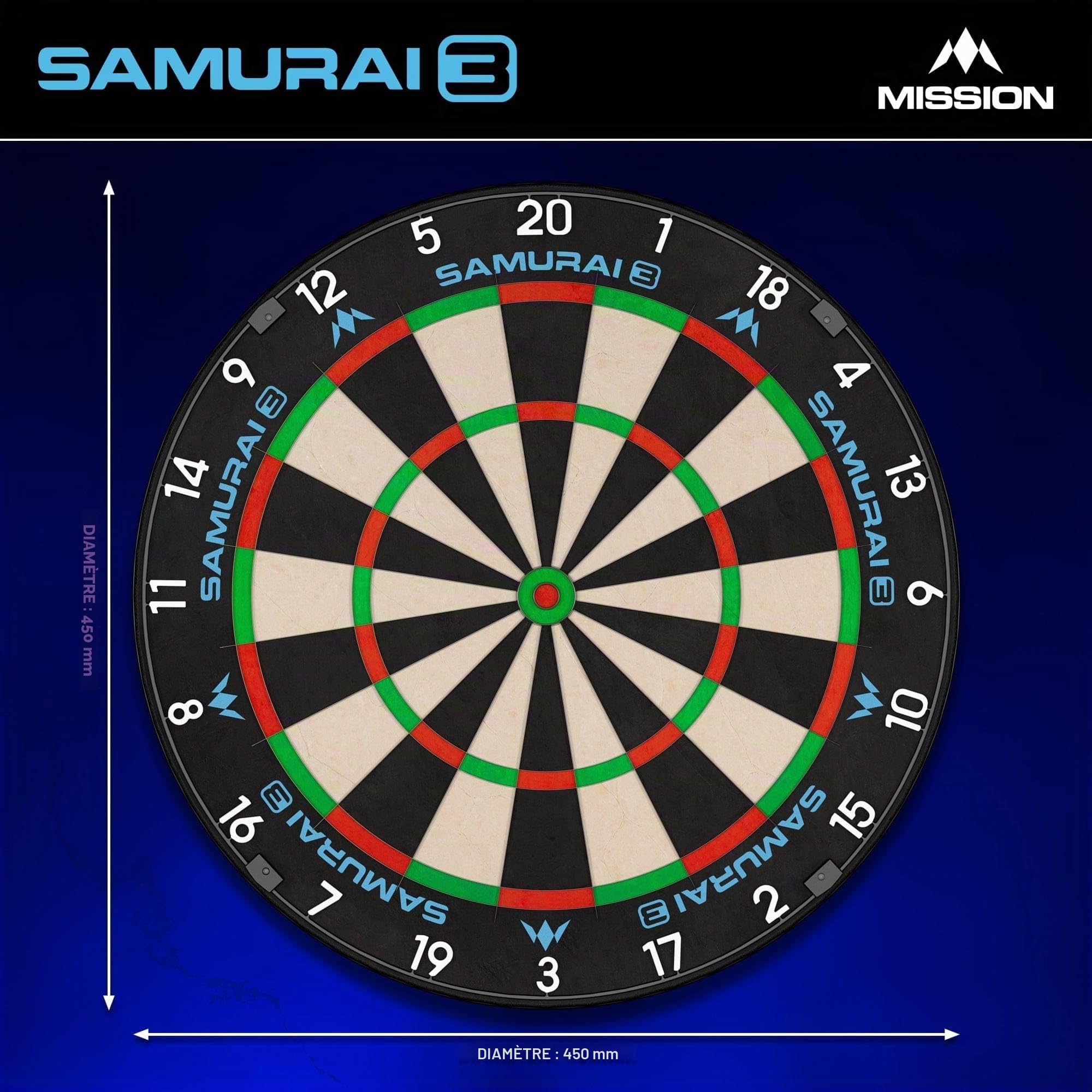 Mission Darts | Samurai 3 | Cible de fléchettes professionnelle en poils | Fil de couteau | Anneau noir numéroté