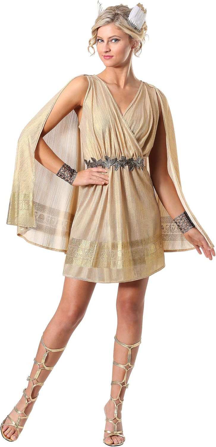 Radiant Goddess Women's Costume - Dress with Attached Cape, Bracelets, and Belt