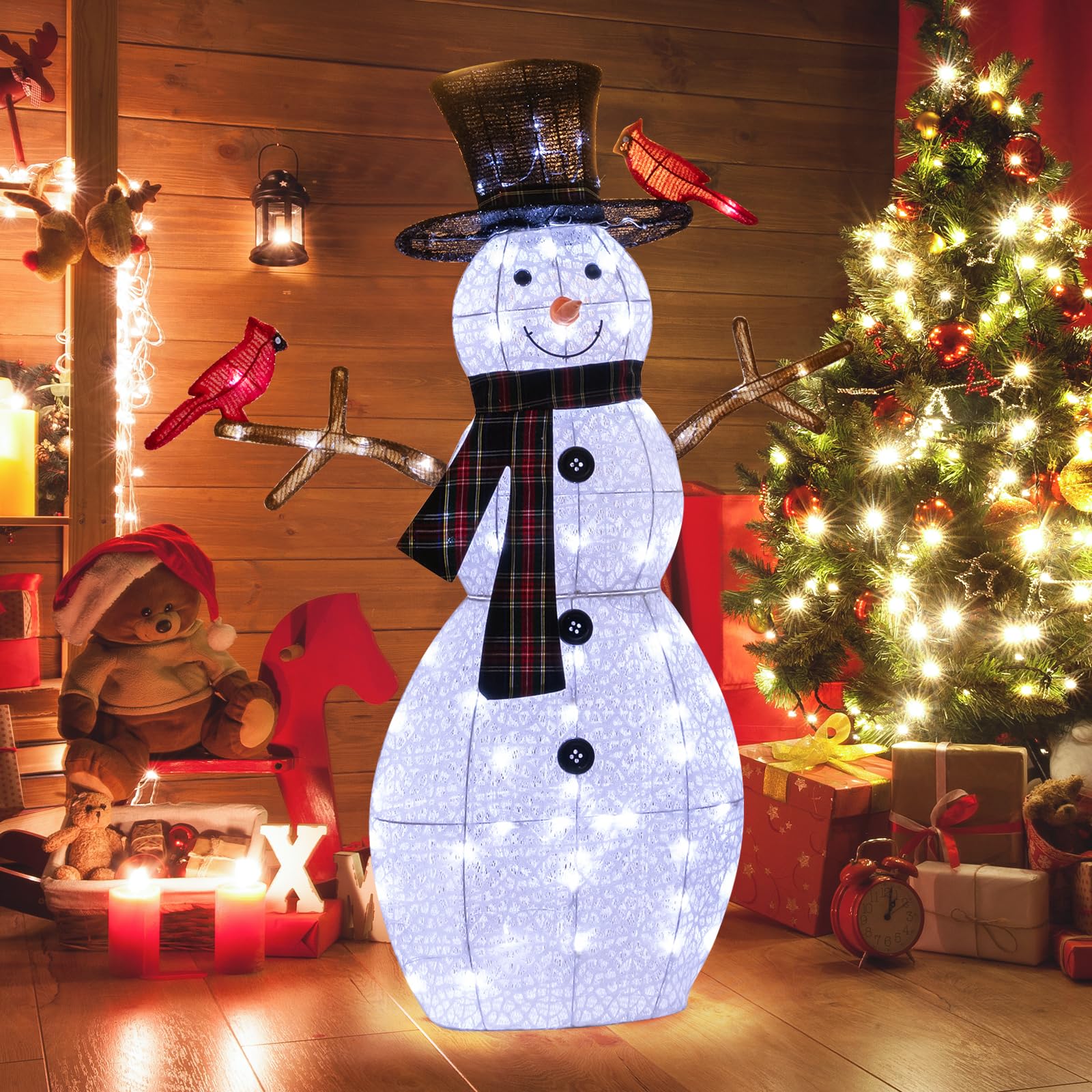SOARS Decorazioni Natalizie, Pupazzo di Neve 99 X 16 X 127 CM con 70 Luci LED, 2 Uccellini Rossi, Resistente alle Intemperie, Addobbi Natalizi per Esterno & Interno per Salone, Giardino, Cortile