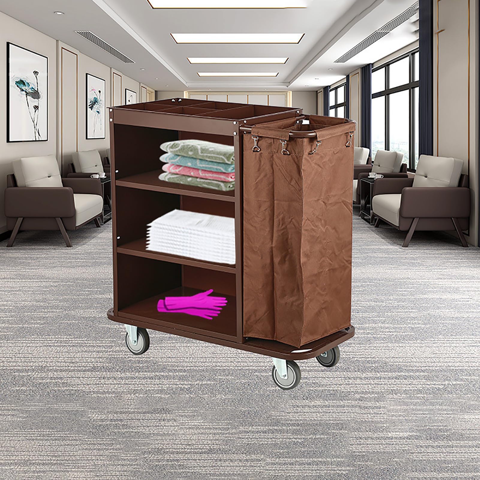 Dieser traditionelle, gewerbliche Reinigungswagen mit 3 Ablagen, EIN Reinigungswagen auf Rädern mit Tasche, EIN Reinigungswagen, EIN Reinigungswagen für Hotels, Geschäfte, braun