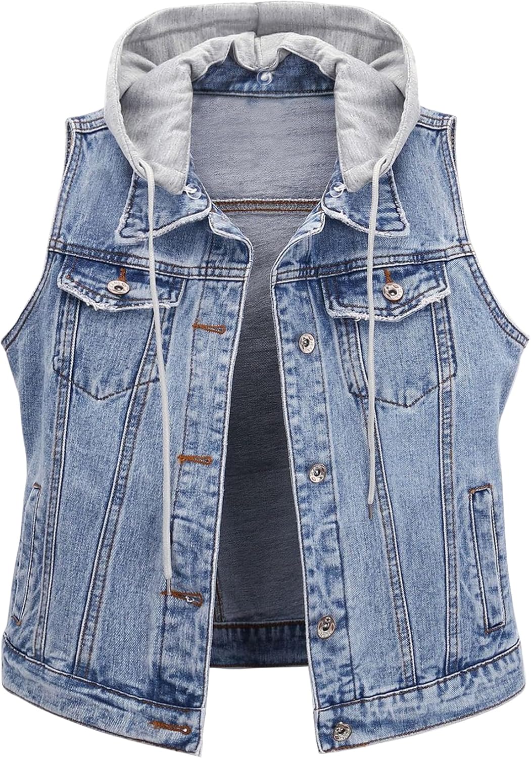 HaoMay Women's Casual Distressed Denim Vest Waistcoat with Removable Hood
