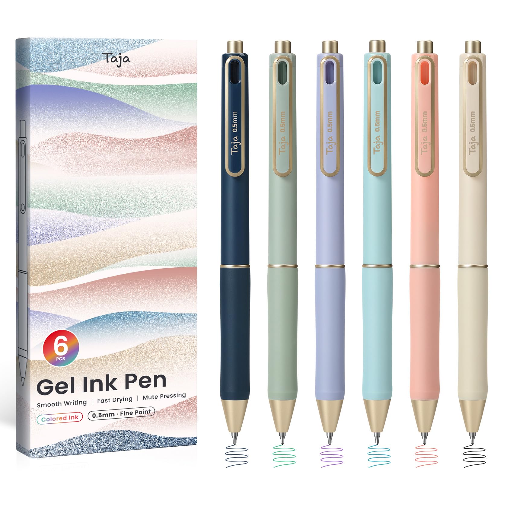 Taja Colorful Gel Pens, 0.5mm Fine Point Pastel Ink, 6 Pcs | Smooth Writing for Journaling & Notes - main product image