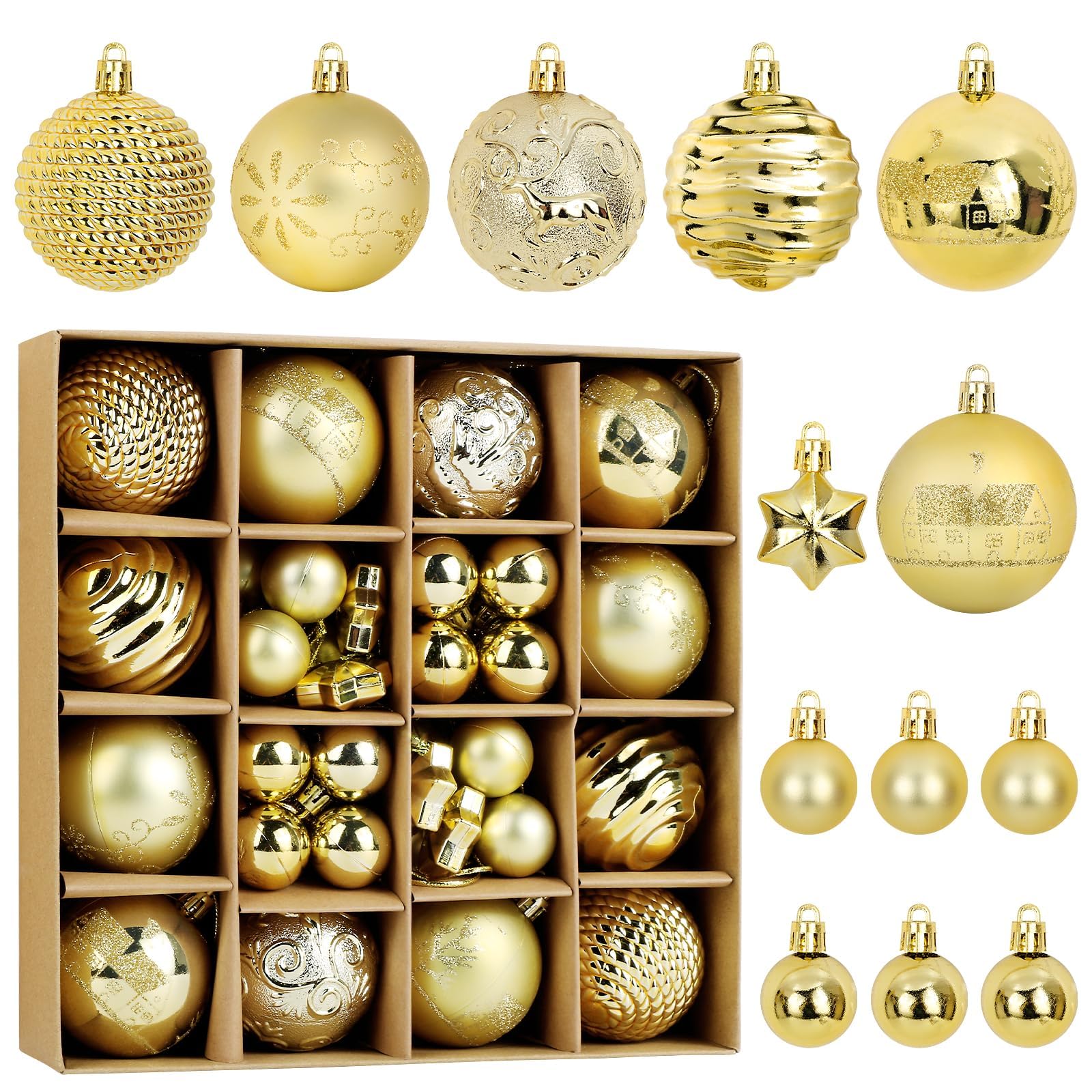 BOFUNX 44pcs Bolas de Navidad de Dorada para Arbol de Navidad Bolas Navideñas de Oro Colgantes de Plástico Adornos Decoración para Árbol de Navidad Fiestas Cumpleaños