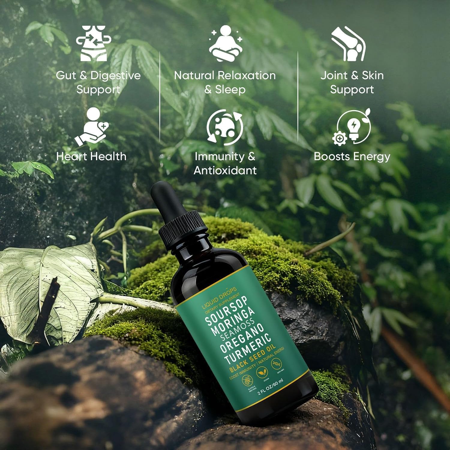 QIZFYZZ Soursop Bitters Liquid Drops, 10-in-1 Soursop Bitters Liquid Drops with Sea Moss, Moringa, Turmeric Oil, Black Seed Oil, Oregano for Overall Health, Joint Support (1) - Image 6