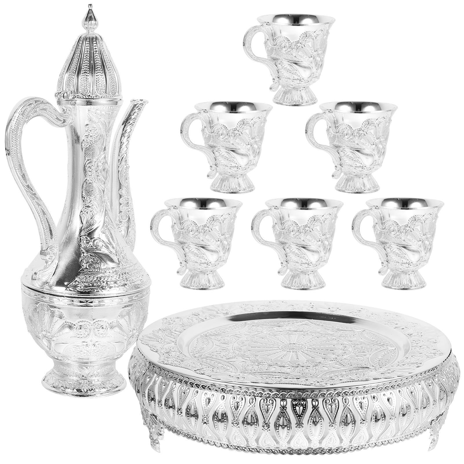 TOPPERFUN Weintopf Satz aus Zinklegierung Weinkrug Satz mit 6 Metallbechern Silberfarben im Vintage Stil zum Servieren von Heißem oder Kaltem Wein für Hochzeiten und Feste