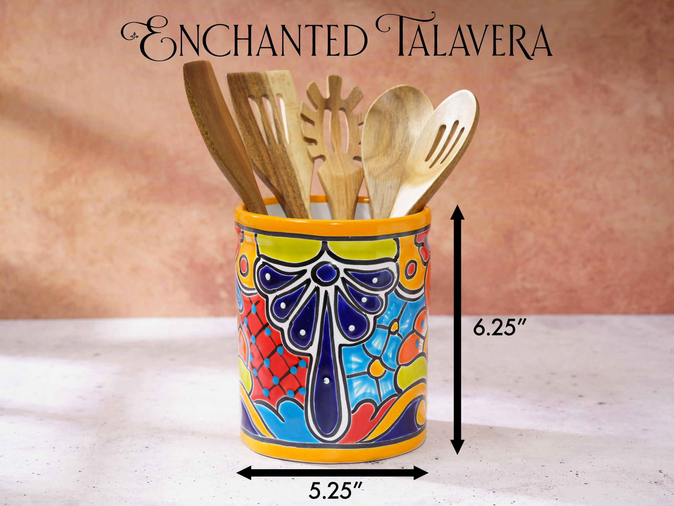 Kitchen Utensil Holder For Counter For Kitchen Crock Mexican Talavera Pottery Ceramic Colorful Utensil Spoon Jar Cooking Organizer & Flower Vase Medium (Marigold)