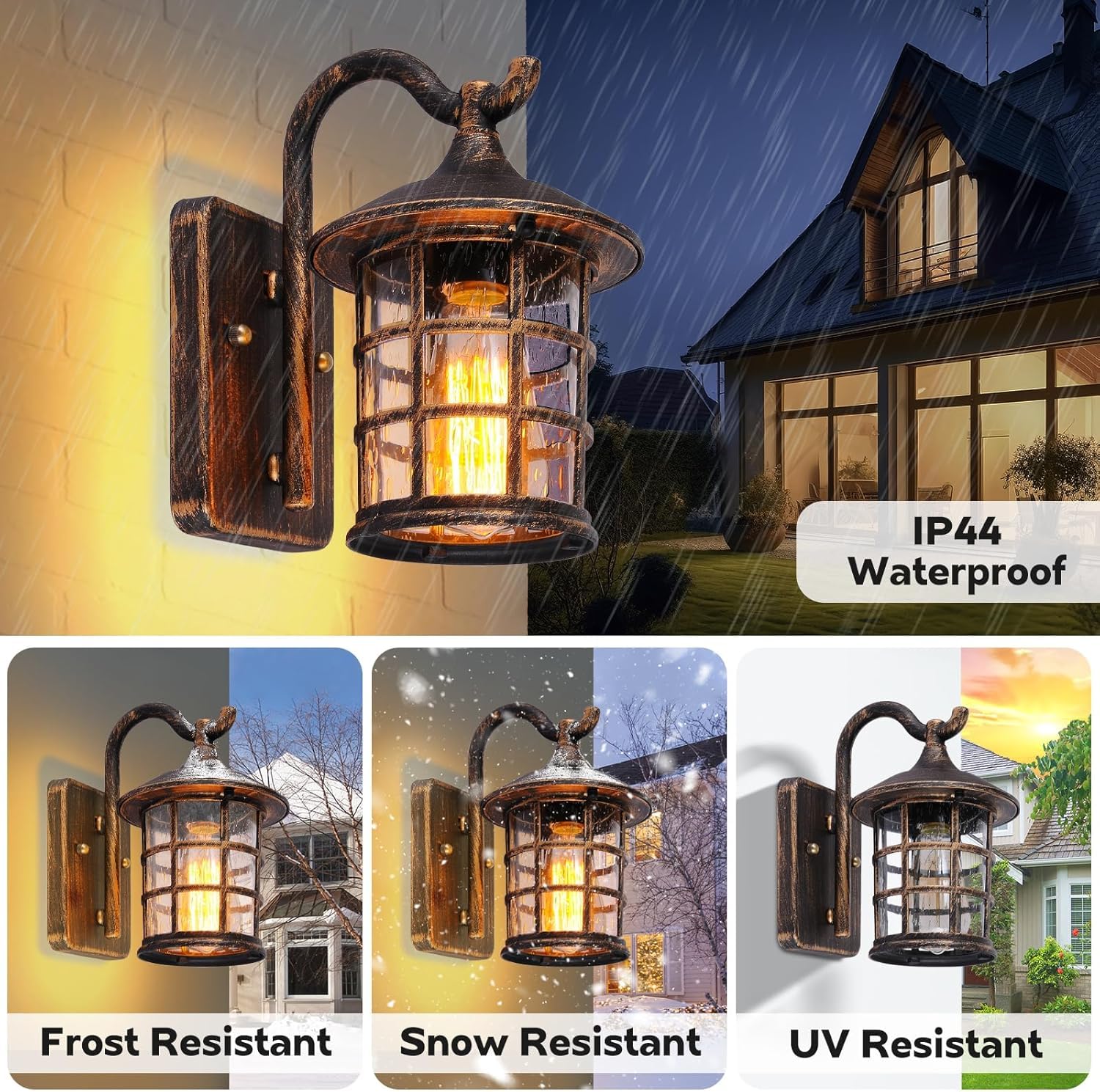 Applique da Esterno Vintage E27 IP44 Alluminio, Marrone | Lampada con Paralume in Vetro Impermeabile IP44, Attacco E27, senza Lampadina, Lanterna per Giardino Terrazza Balcone Parete
