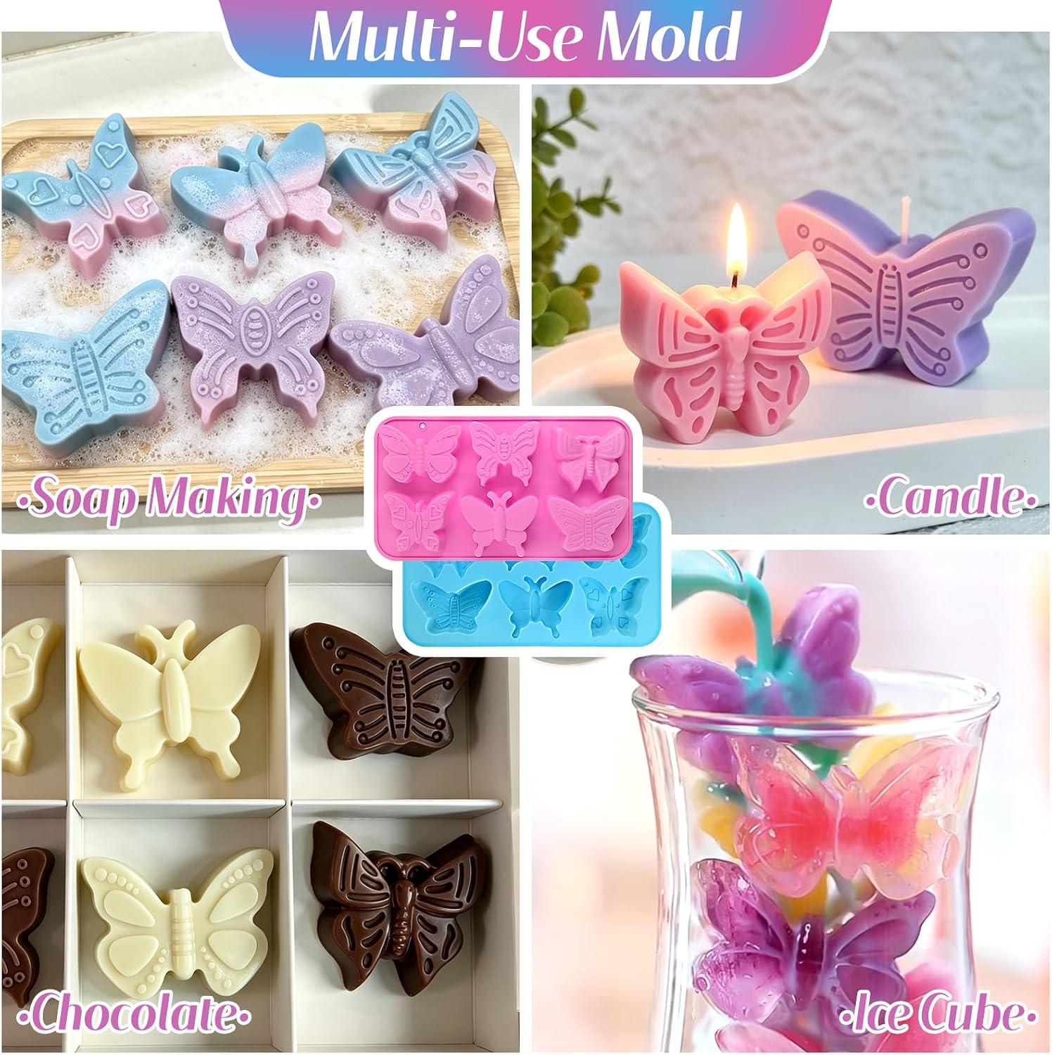 Butterfly Soap Molds Set of 2, 6 Design Butterfly Shaped Mold | 3D Butterfly Silicone Molds for Crafts Candle Wax Melt Chocolate Cake Pop Jello Ice Cube Candy DIY Baking Dessert