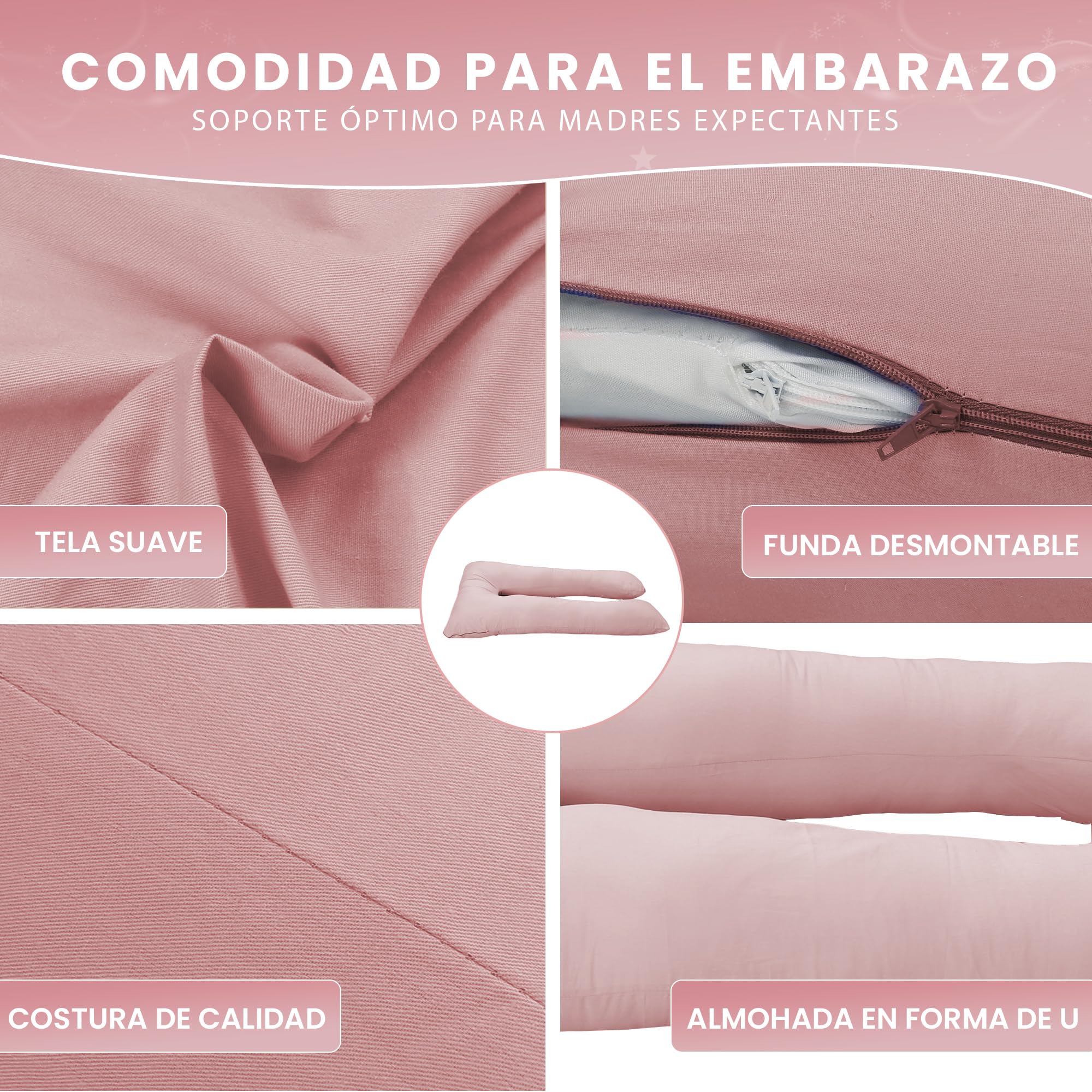 bananair - Almohada Embarazada - Funda Lavable - Cojín Embarazada Dormir y Lactancia en Terciopelo, Suave y Agradable - Relleno de Espuma, Cómodo - Sueño Reconfortante (140 x 80 cm, Algodón, Rosa)