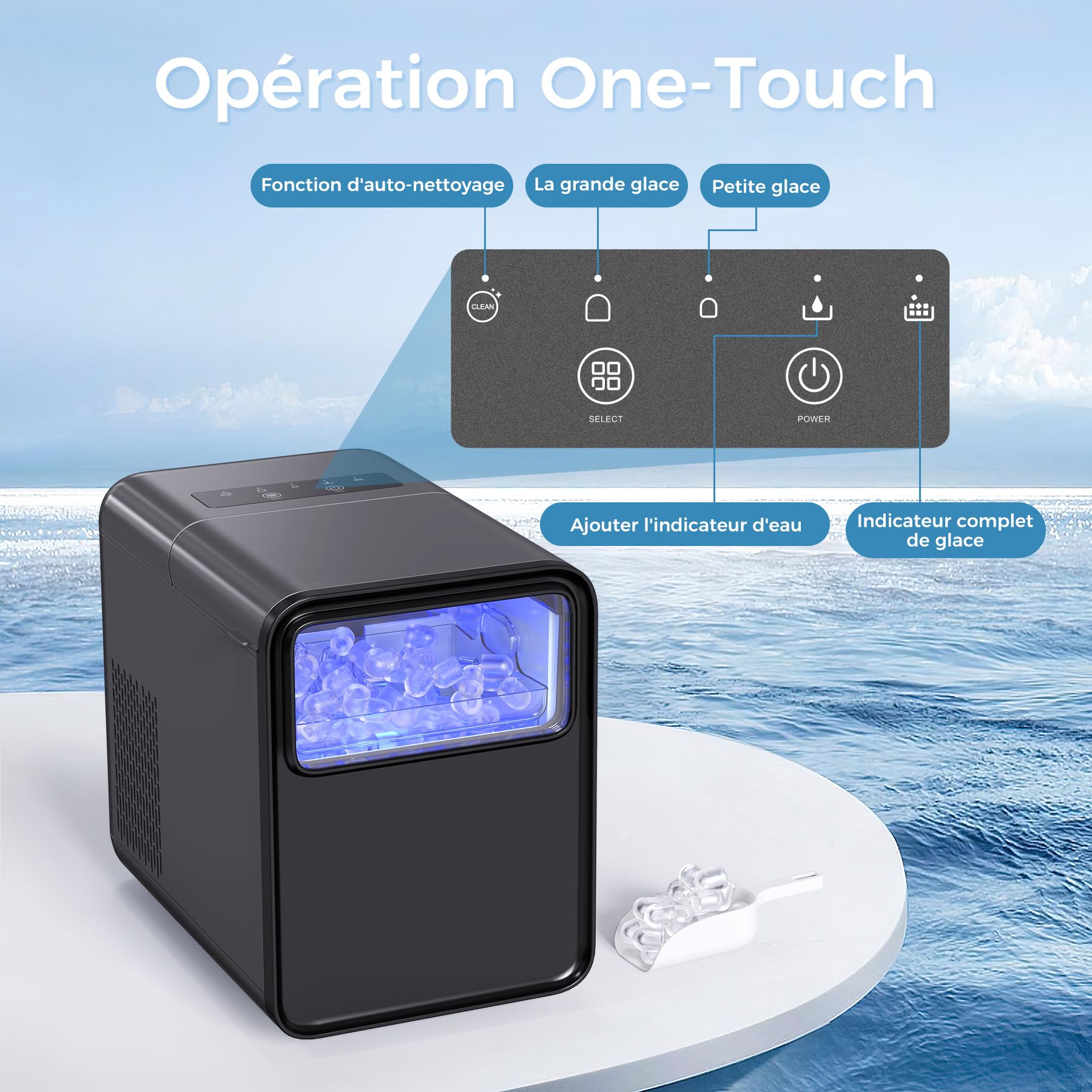 QEXREED Machine à Glaçons, 12 kg/24 h, 9 Glaçons en 6 Minutes, Machine a Glacons Autonettoyante avec Cuillère à Glaçons et Panier, 2 Tailles de Glaçons pour la Cuisine à Domicile Bureau Bar Party