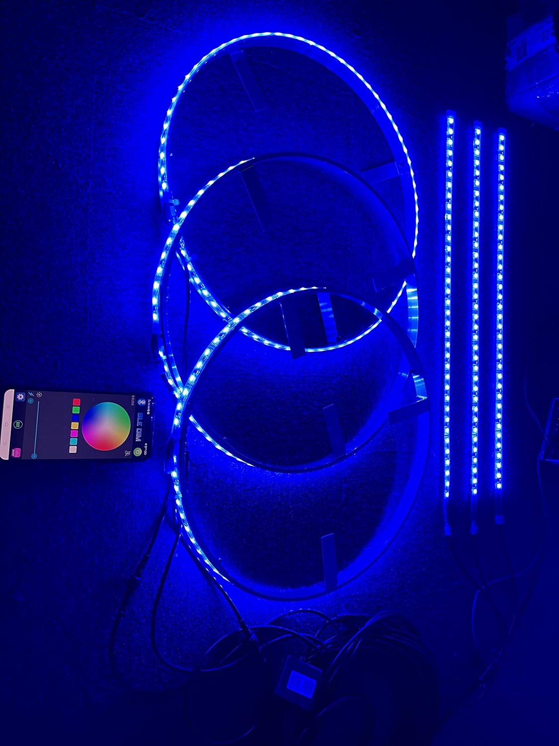 Sando Tech 15.5‘’ Dream Chase Color Flows Flashing Led Wheel Ring Light + 3PCS 4ft LED Underglow Strip Light 6Plugs Sync Bluetooth Ctrl Fit for Polaris Slingshot Wheel Well Shield