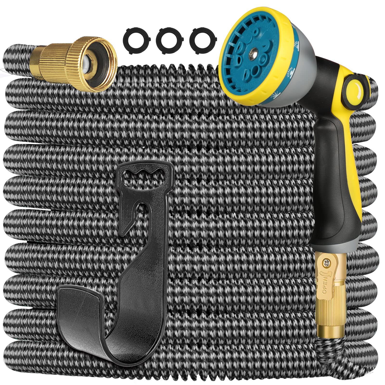 Gardguard 100ft Expandable Garden Hose: Water Hose with 10 Function Nozzle and Durable 3-Layers Latex, Water Hose with Solid Fittings (GERY)