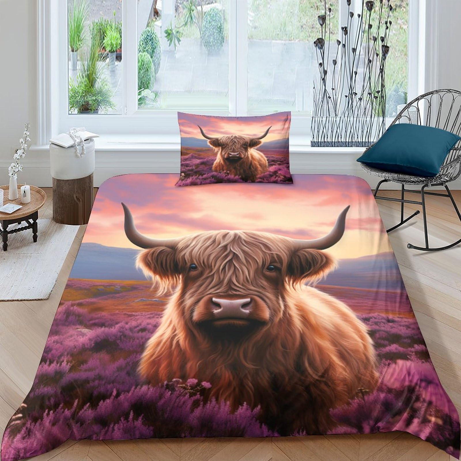 Linge de lit enfant motif 3D Highland Cattle avec housse de couette microfibre 135x200