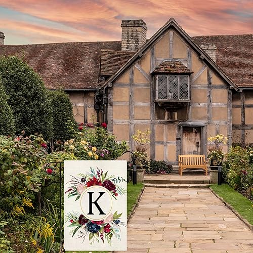 Miniatura 7 de Banderas de jardín con monograma de letra K, bandera de jardín de verano de 12 x 18 pulgadas, banderas florales de doble cara para patio, bandera
