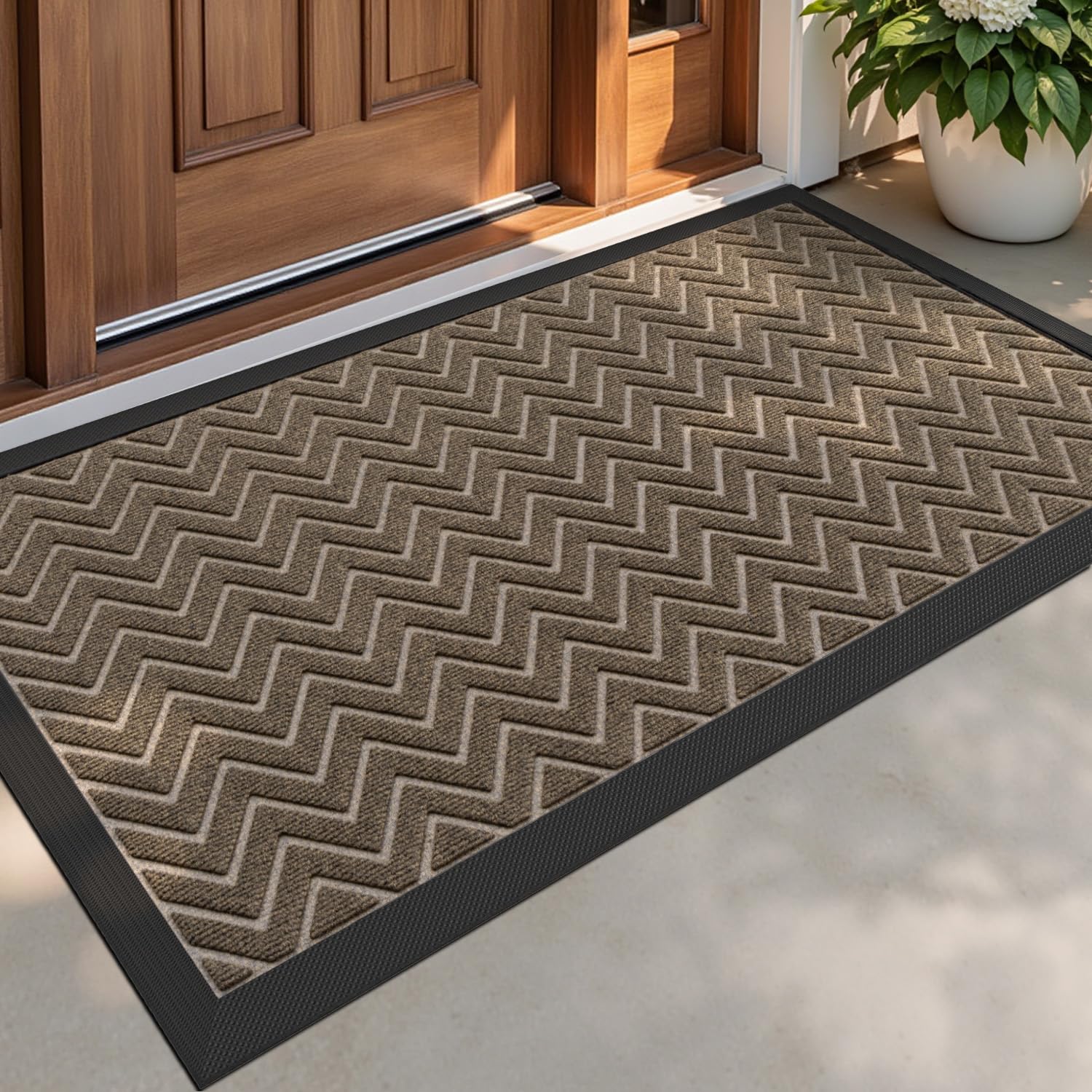 DEXI Front Door Mat Outside Entrance, 3x5 ft Rubber Entry Doormat Heavy Duty, Welcome Mats Non Slip for Inside House Floor Entryway Back Doors Exterior Patio, Chevron Brown — image 1