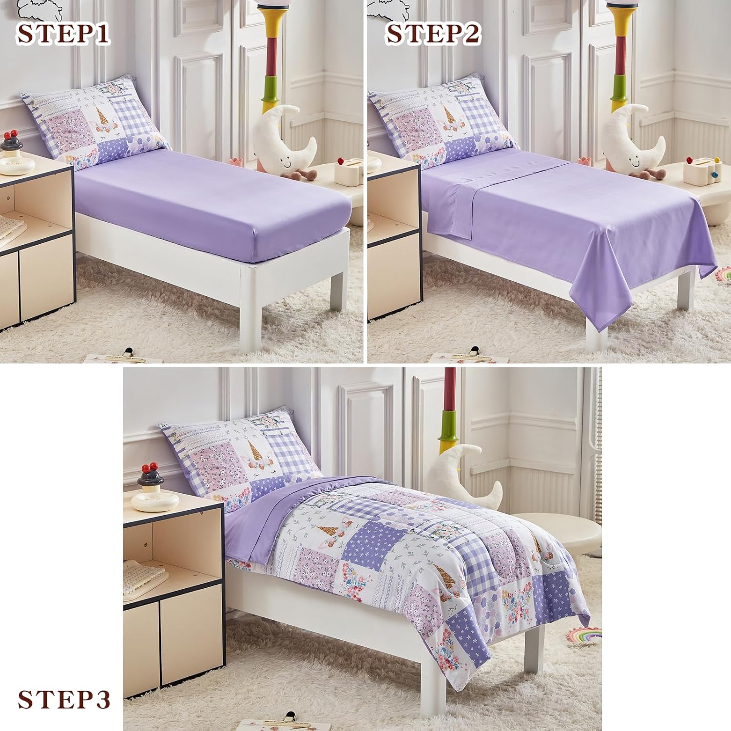 Joyreap 4 Piece Toddler Bedding Set- Purple Butterflies Flowers Patchwork Toddler Comforter Set, Includes Quilted Comforter, Fitted Sheet, Top Sheet, and Pillow Case