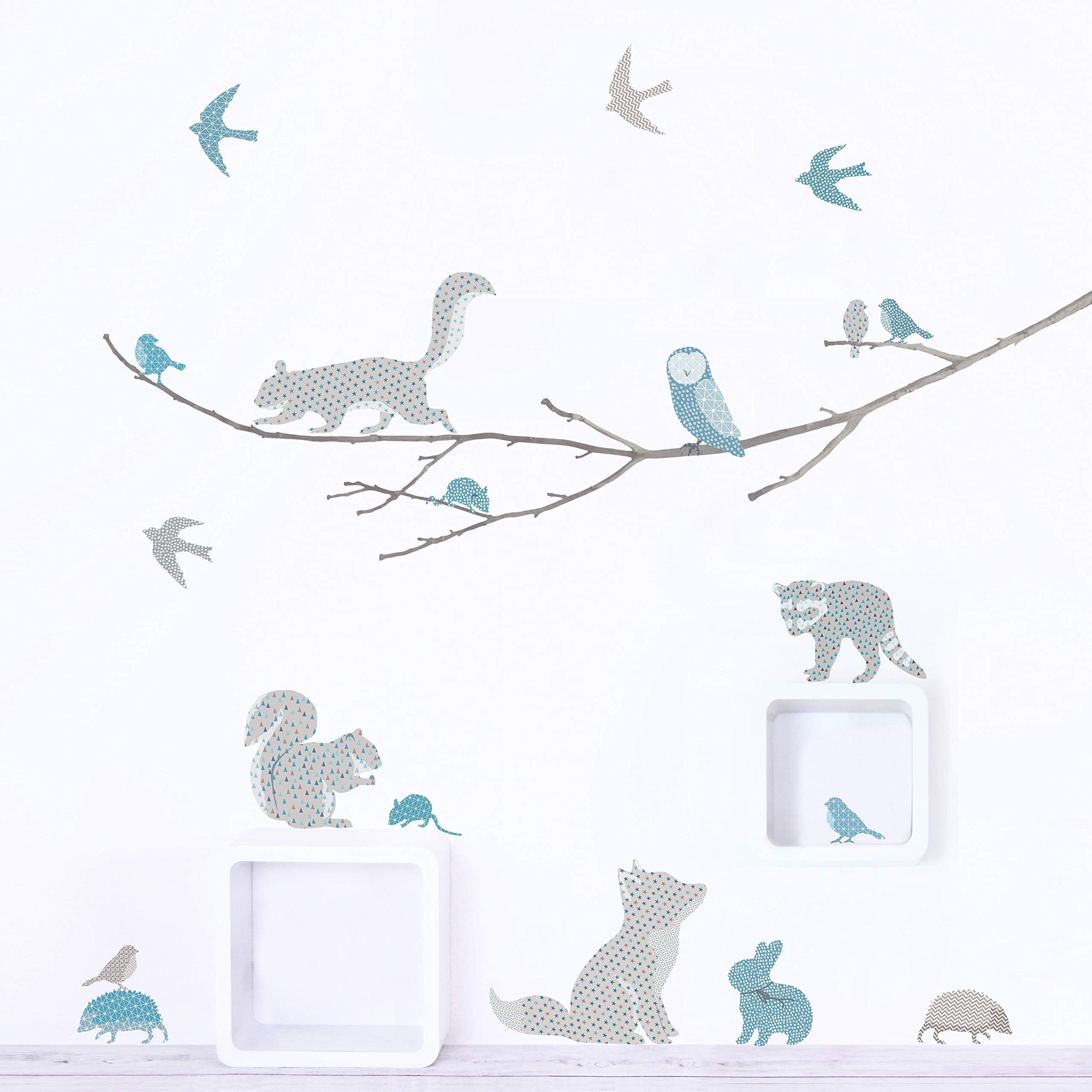 Woodland Animals on Branch Fabric Wall Decals ~ Wall Stickers for Baby Nursery and Children's Rooms. Reusable Decals Made of Fabric, not Vinyl ~ Free from BPA & Phthalates. (Blue & Gray, Small)