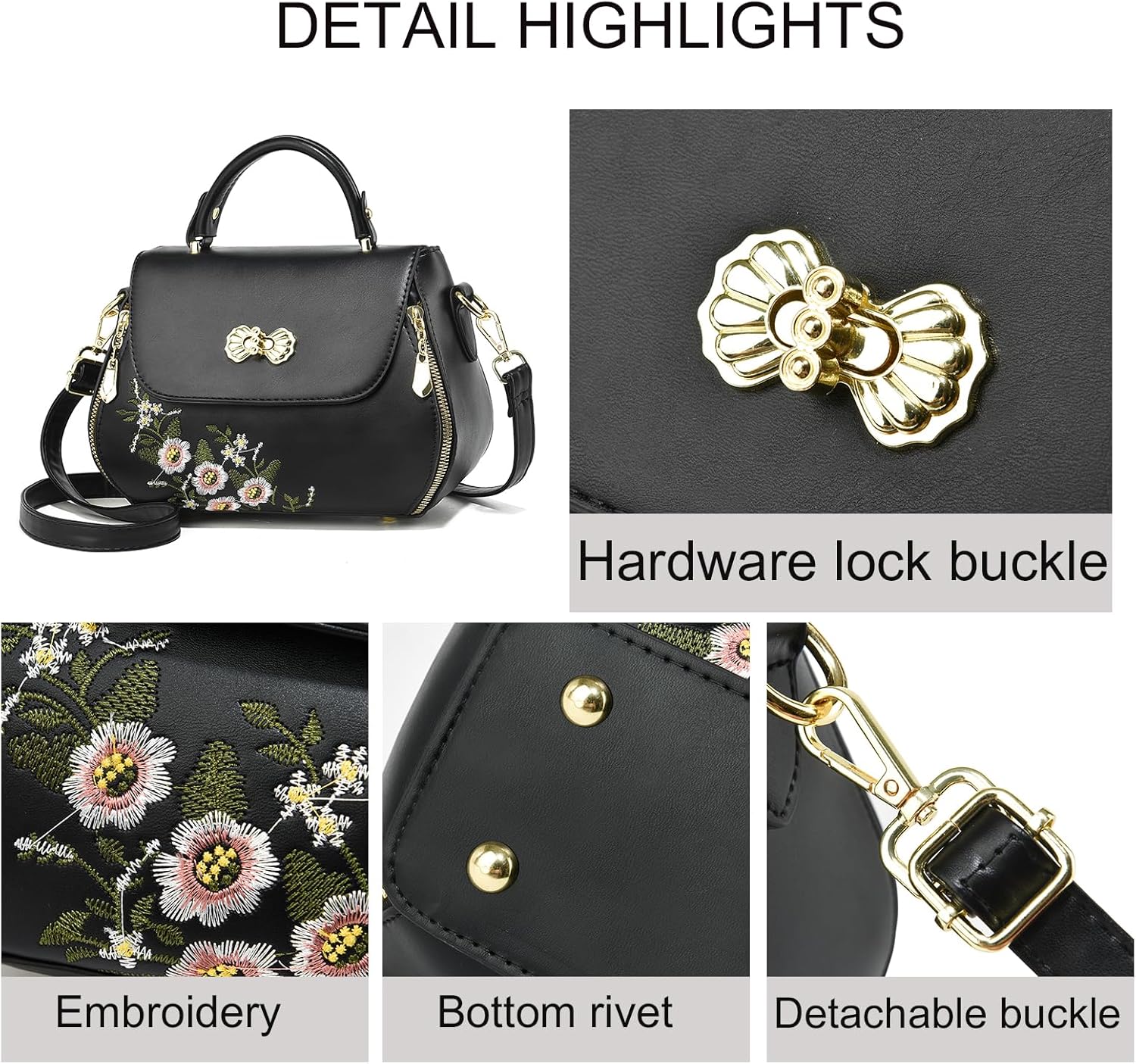 Women Flip up Embroidered Satchel Lightweight Totes Top Handle Purses and Handbag Crossbody Shoulderbag for Lady - Image 3