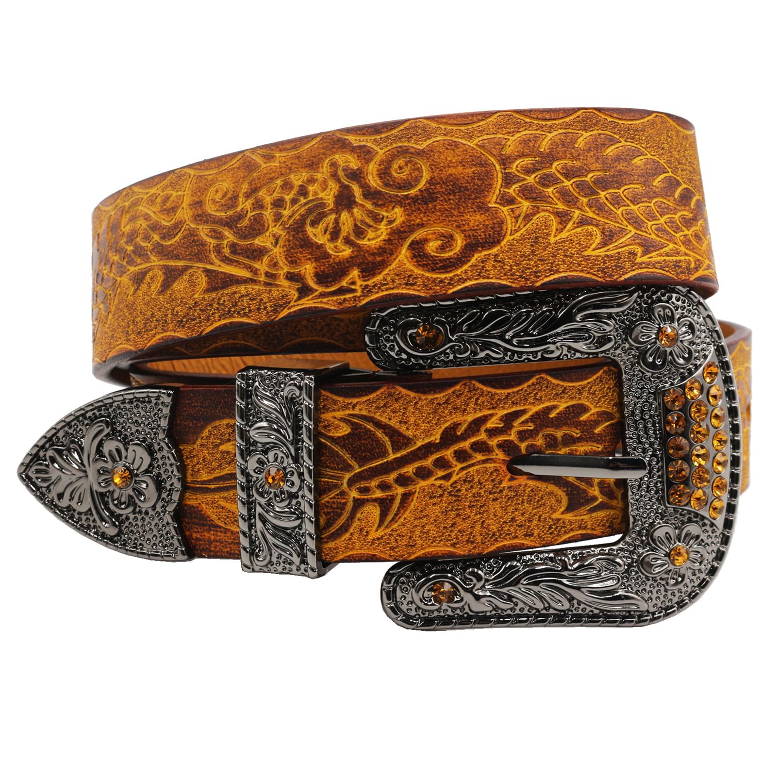 Handgemachter Herren Damen Ledergürtel aus Echtem Leder, Legierung Dornschließe Strass Schnalle, Anzug Jeans Gürtel,Drache Prägung(125cm/49, Brown)