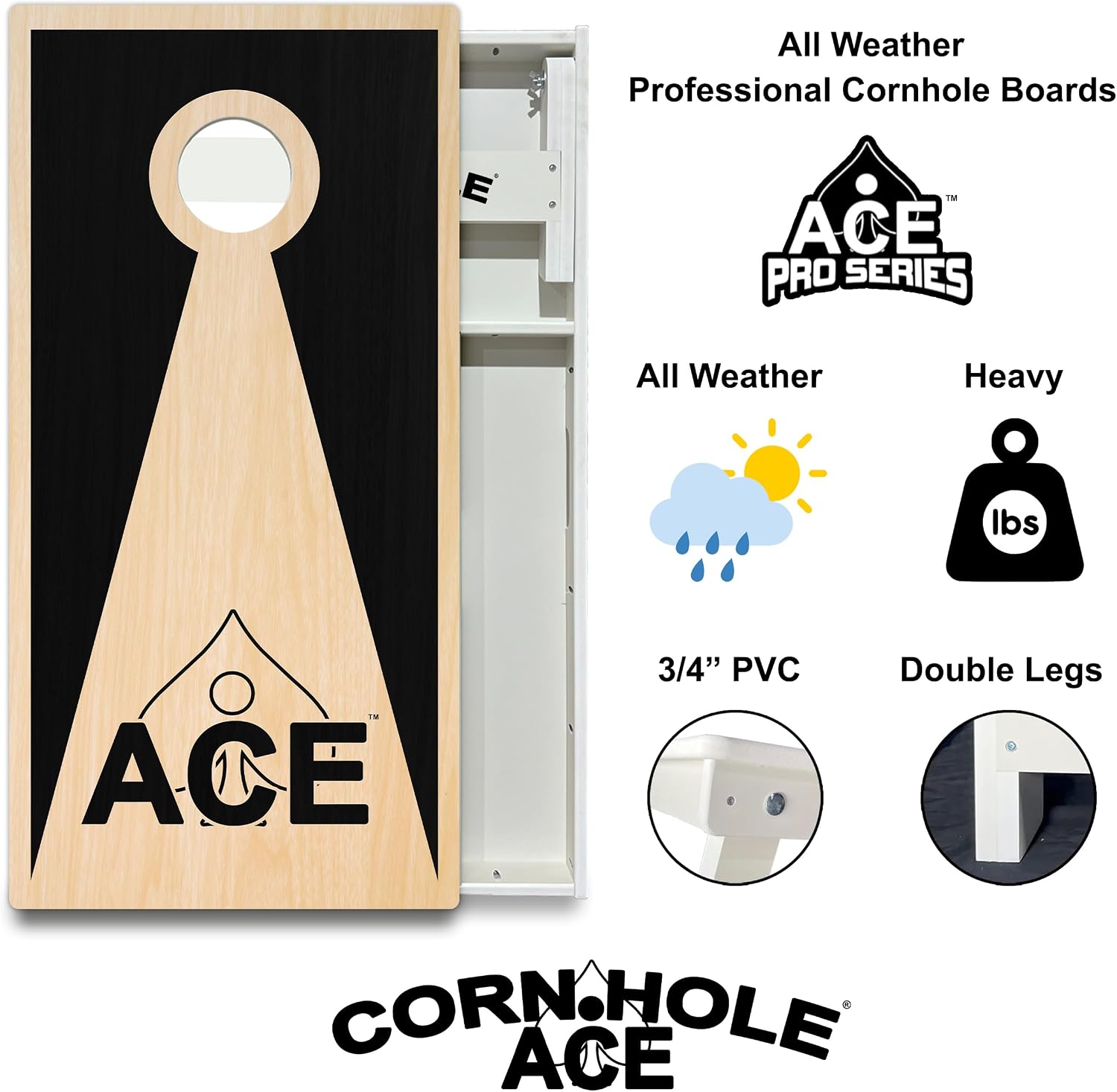 CornholeAce Inverse Triangle Series All Weather Pro Cornhole Board Set - Waterproof 4x2 Regulation Size, Made in USA, Triple Wide Legs, 3/4" PVC, Official Tournament Boards, Outdoor Ready (2 Boards)