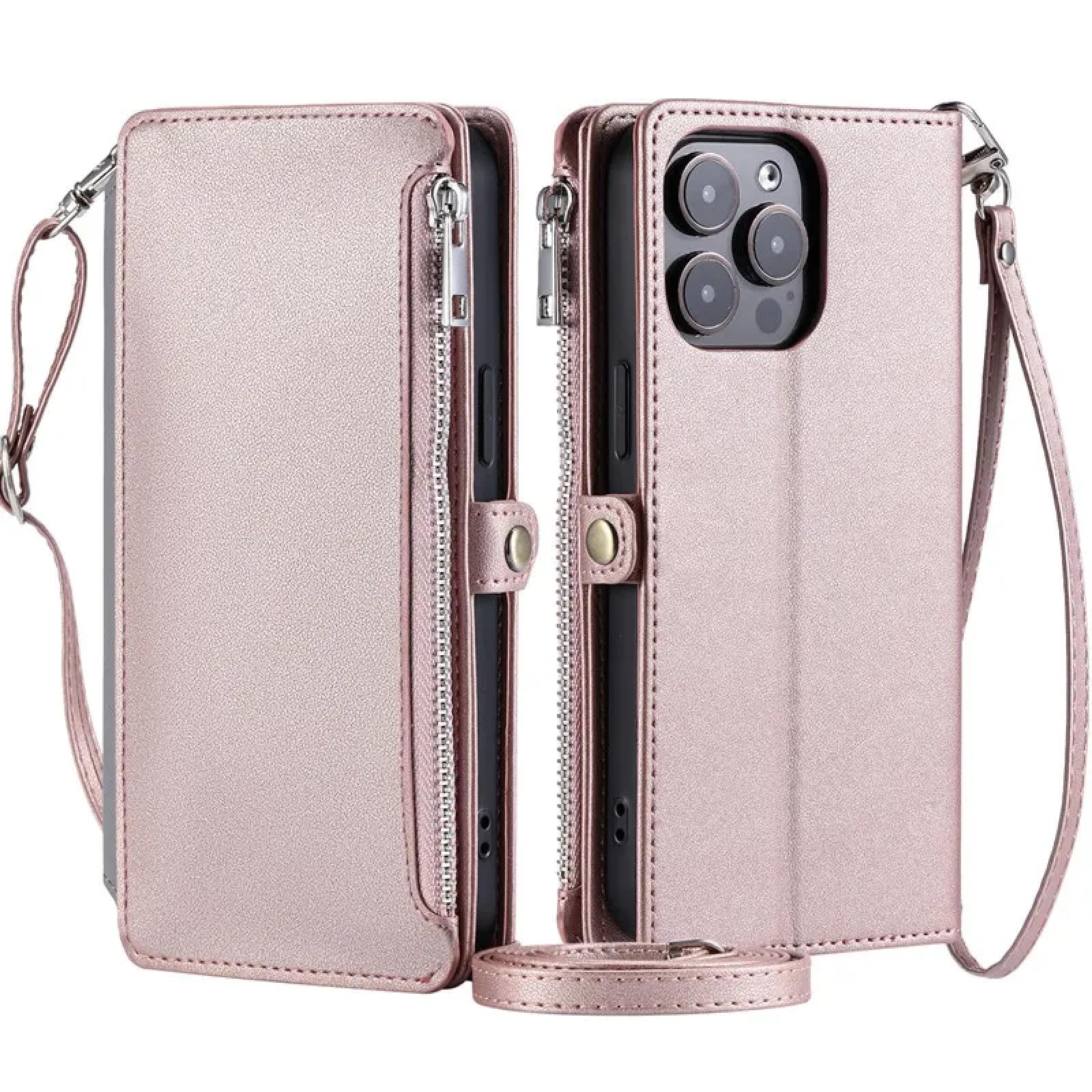 Do iPhone'a 15 Crossbody skórzany portfel z zamkiem błyskawicznym, etui na telefon, smycz, etui z klapką (do iPhone'a 15/różowy)