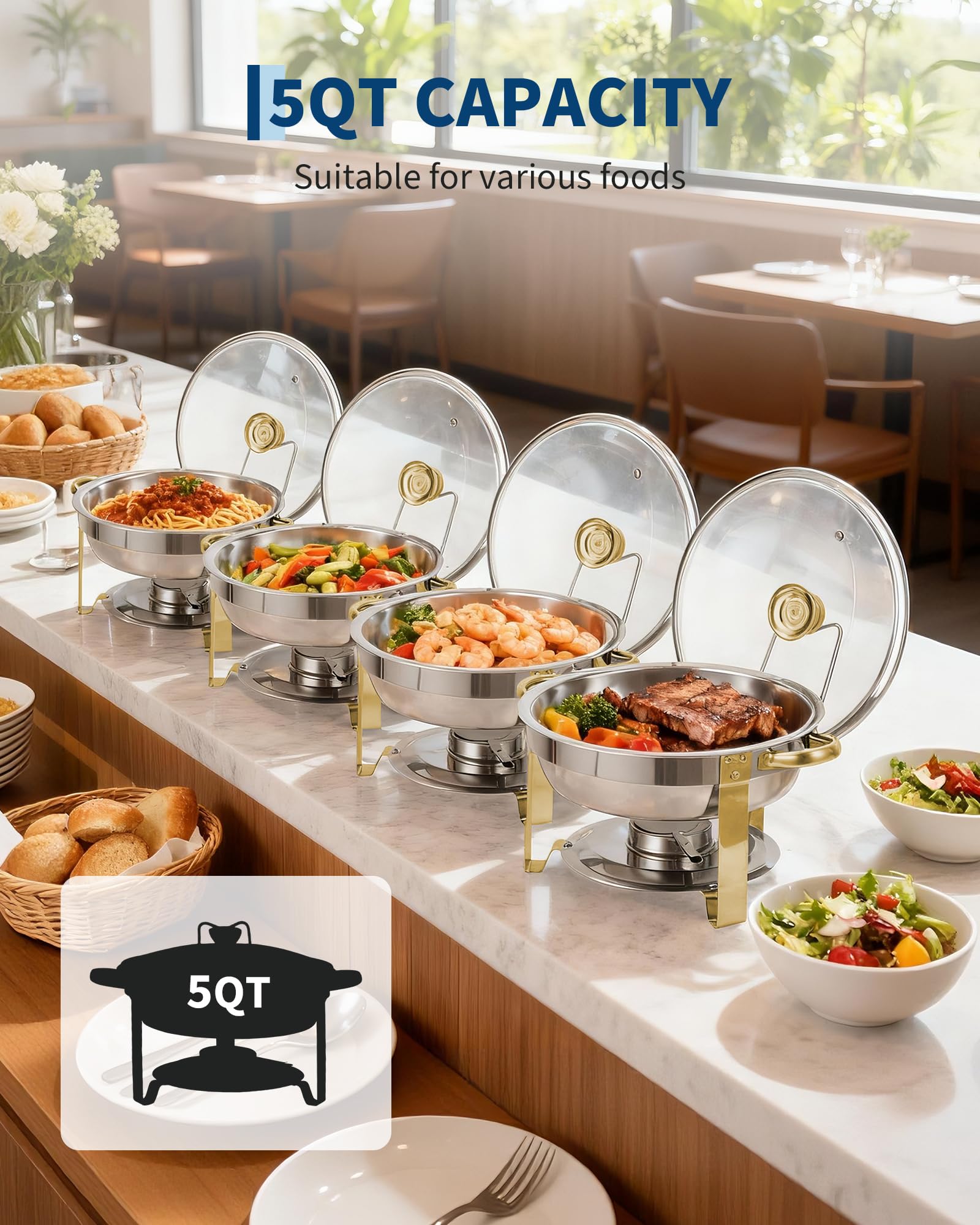 Set di 4 Chafing Dish Rotondi in Acciaio Inox 5/6QT - Coperchio in Vetro Visibile - Perfetti per Buffet, Catering, Feste - Bordo Dorato - Set Quattropezzi Pezzi Gold Edge