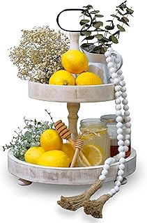 MAINEVENT Farmhouse Tiered Tray with Beads Home Decor, Wooden 2 Tier Tray for The Coffee Table, Kitchen Tiered Tray Decor with Beads, Cupcake Stand, 2 Tiered Tray Farmhouse Display (White)