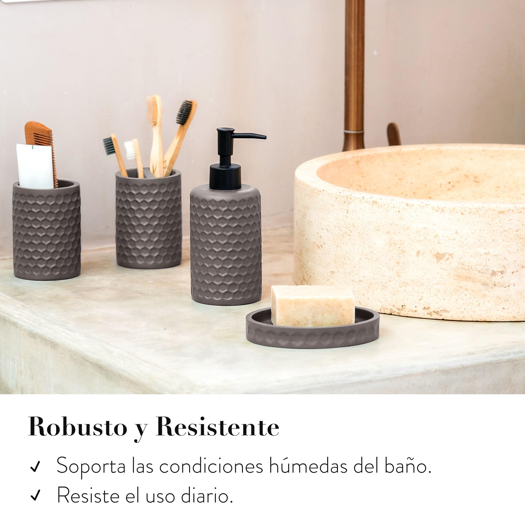 ZCCZ Juego de 6 Piezas de Accesorios de Baño Gris Cálido con Soporte de Cepillo de Dientes, Dispensador de Jabón, Bandeja de Bajón, Cubo Basura, Vaso de Baño y Escobilla, Juego de Baño Completo