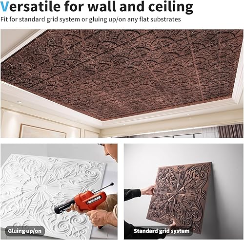 Miniatura 6 de Art3d - Azulejos decorativos para techo 2 x 2 con pegamento, para colocar en el techo, 24 x 24, paquete de 12 piezas de flores españolas en cobre