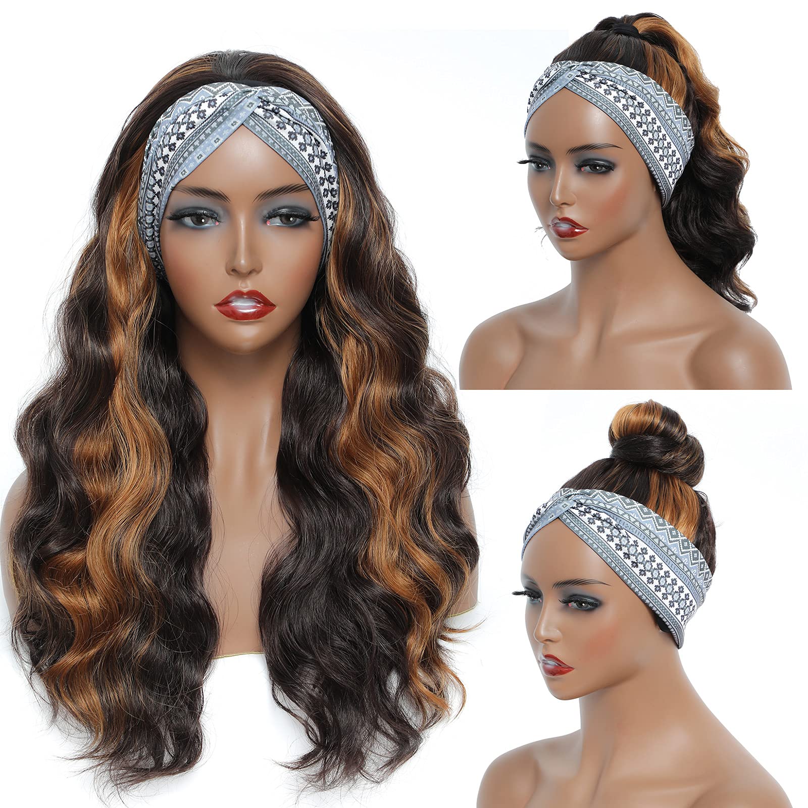 Brown highlights head band wavy wig Long Wavy Brown Mix Blonde Highlight Headband Wig | 28 | 180  main image 2